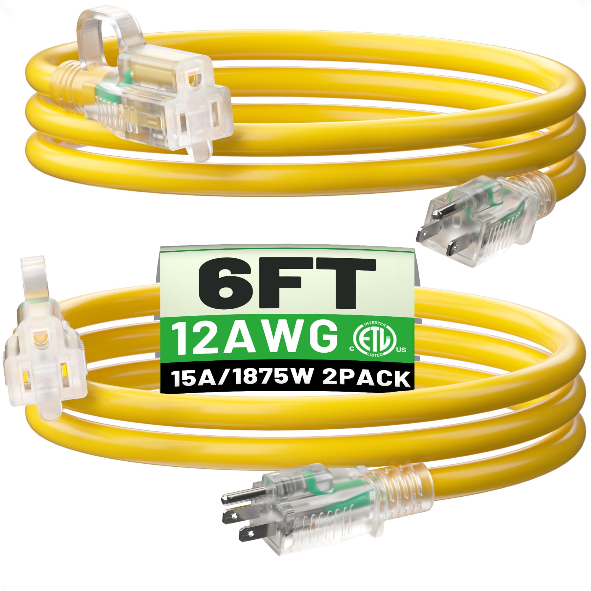Powgrn 2 Pack 6 Ft 12/3 Outdoor Extension Cord Waterproof Heavy Duty With Lighted Indicator End 12 Gauge 3 Prong, Flexible Cold 