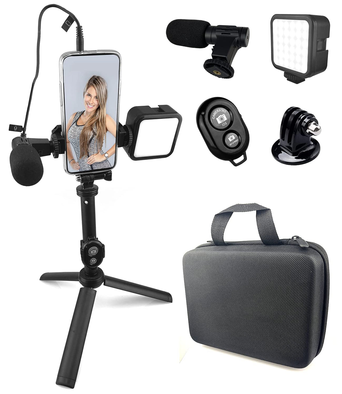 Acuvar Selfie Stick Tripod Vlogging Kit For All Smartphones Iphone, Android W/Led Light, Rotating Phone Holder, Microphone, Blue