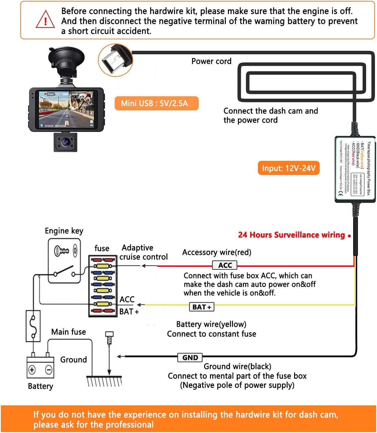Gebildet Mini Usb Port Dash Cam Hardwire Kit For 24H Parking Monitor/Time Lapse Recording Converts 12V 24V To 5V/2.5A Car Dash C