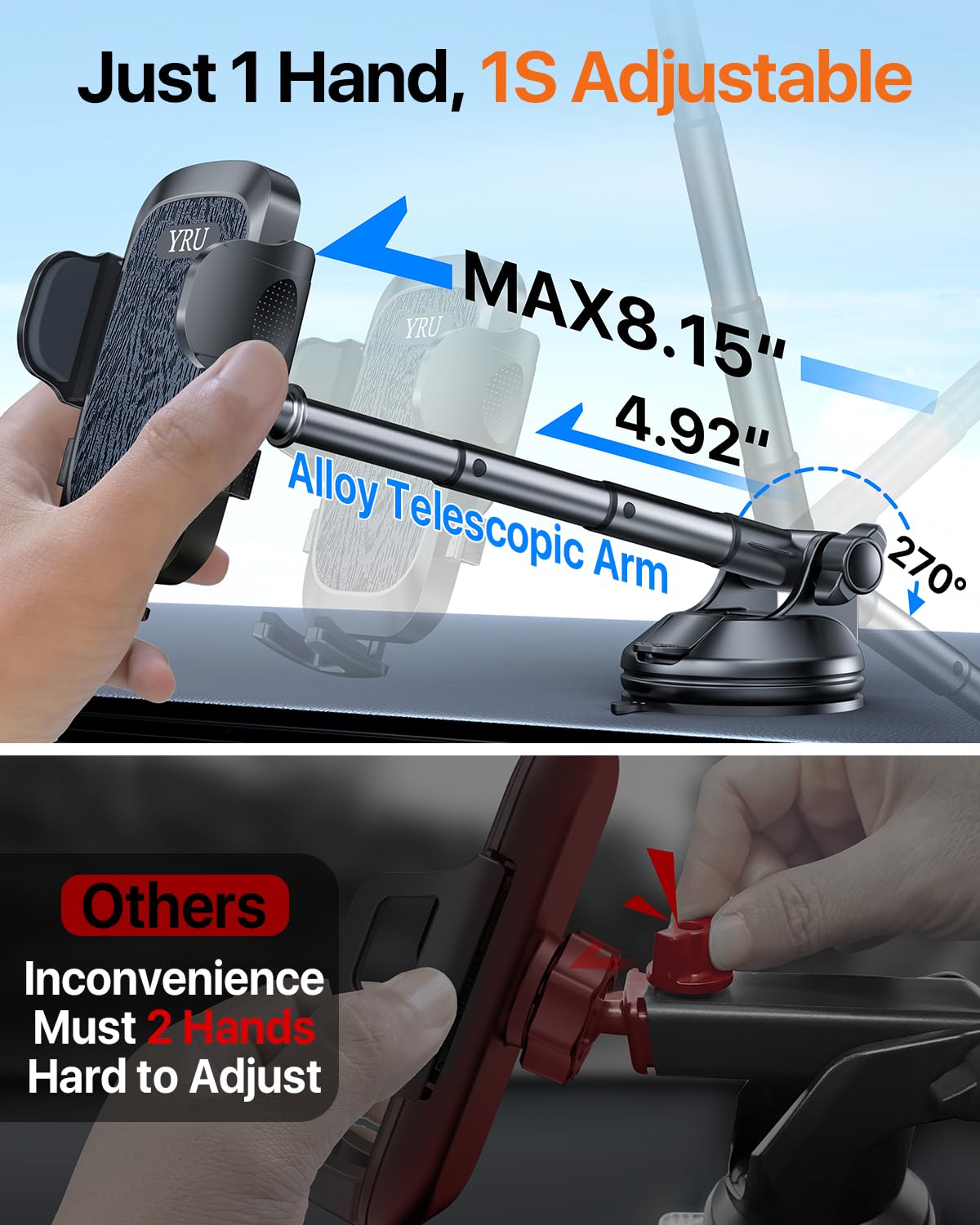 ?True Military-Grade?Yru Car Phone Holder?Upgraded Strongest & Rotatable Suction Cup?Cell Phone Mount For Dashboard Windshield,
