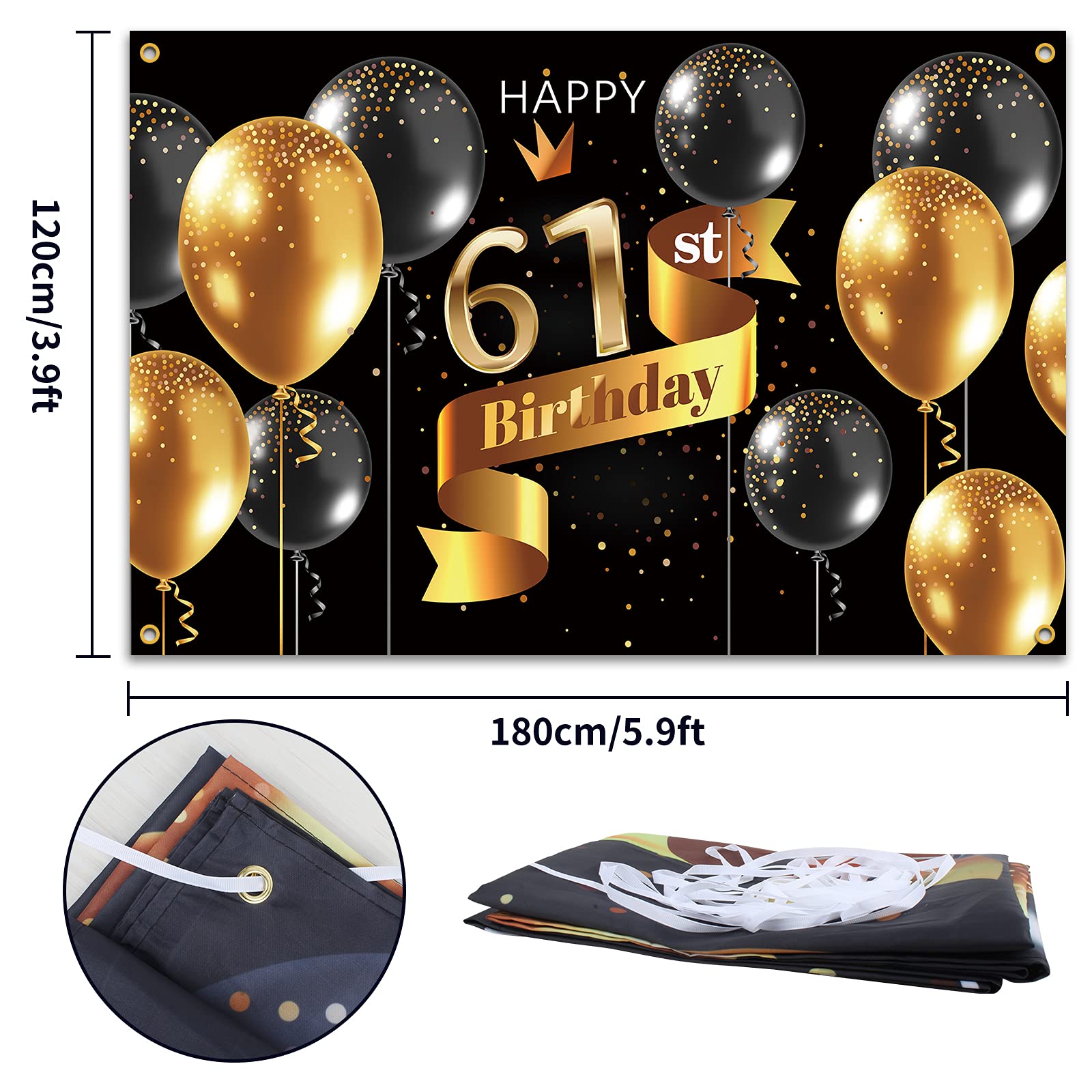 Pakboom Happy 61St Birthday Backdrop Banner   61 Birthday Party Decorations Supplies For Men   Black Gold 3.9 X 5.9Ft
