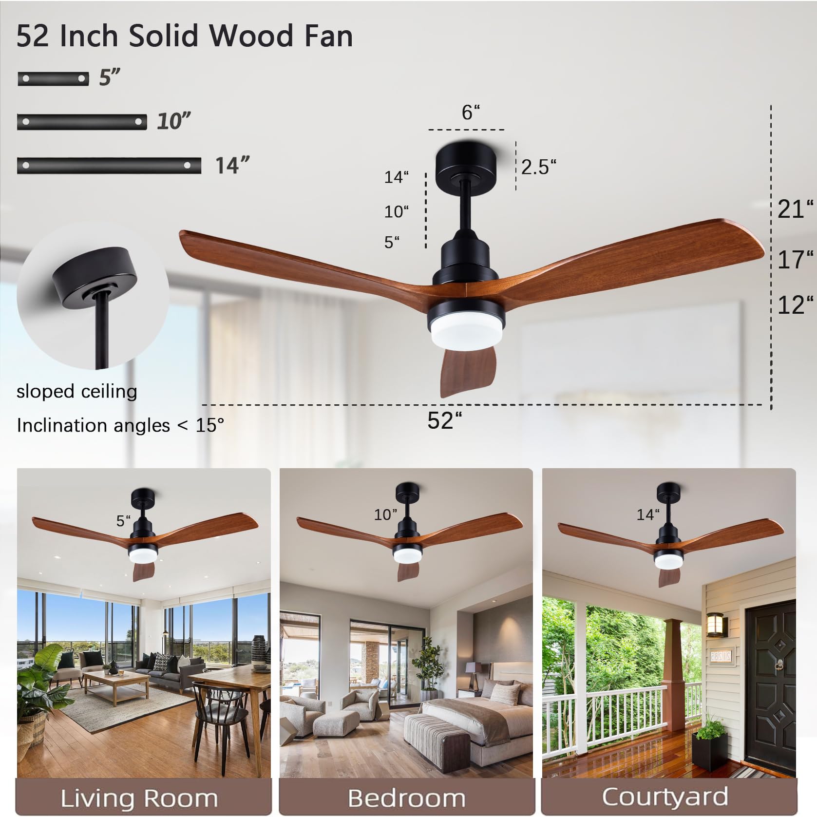 Dearnow 52    Solid Wood Ceiling Fans With Light 6 Speeds Remote/App Control, Solid Wood Ceiling Fan With Memory Led Dimmable Co