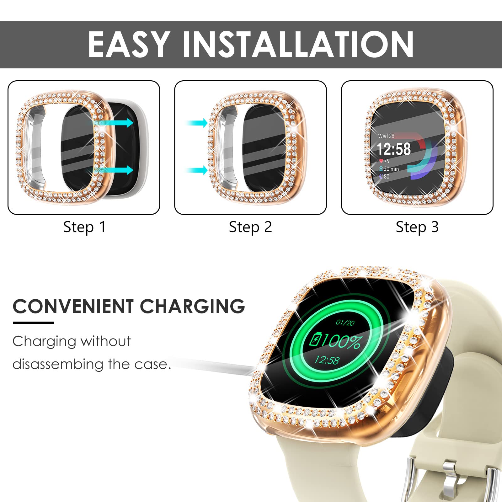 Chanchy 4 Pack Compatible With Fitbit Versa 4 Screen Protector Case, Soft Tpu Full Protective Case Cover Bumper Bling Crystal Di