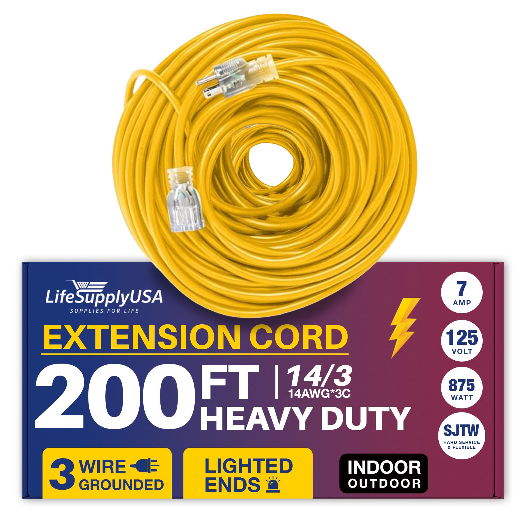 200Ft Power Extension Cord Outdoor & Indoor   Waterproof Electric Drop Cord Cable   3 Prong Sjtw, 14 Gauge, 7 Amp, 125 Volts, 87