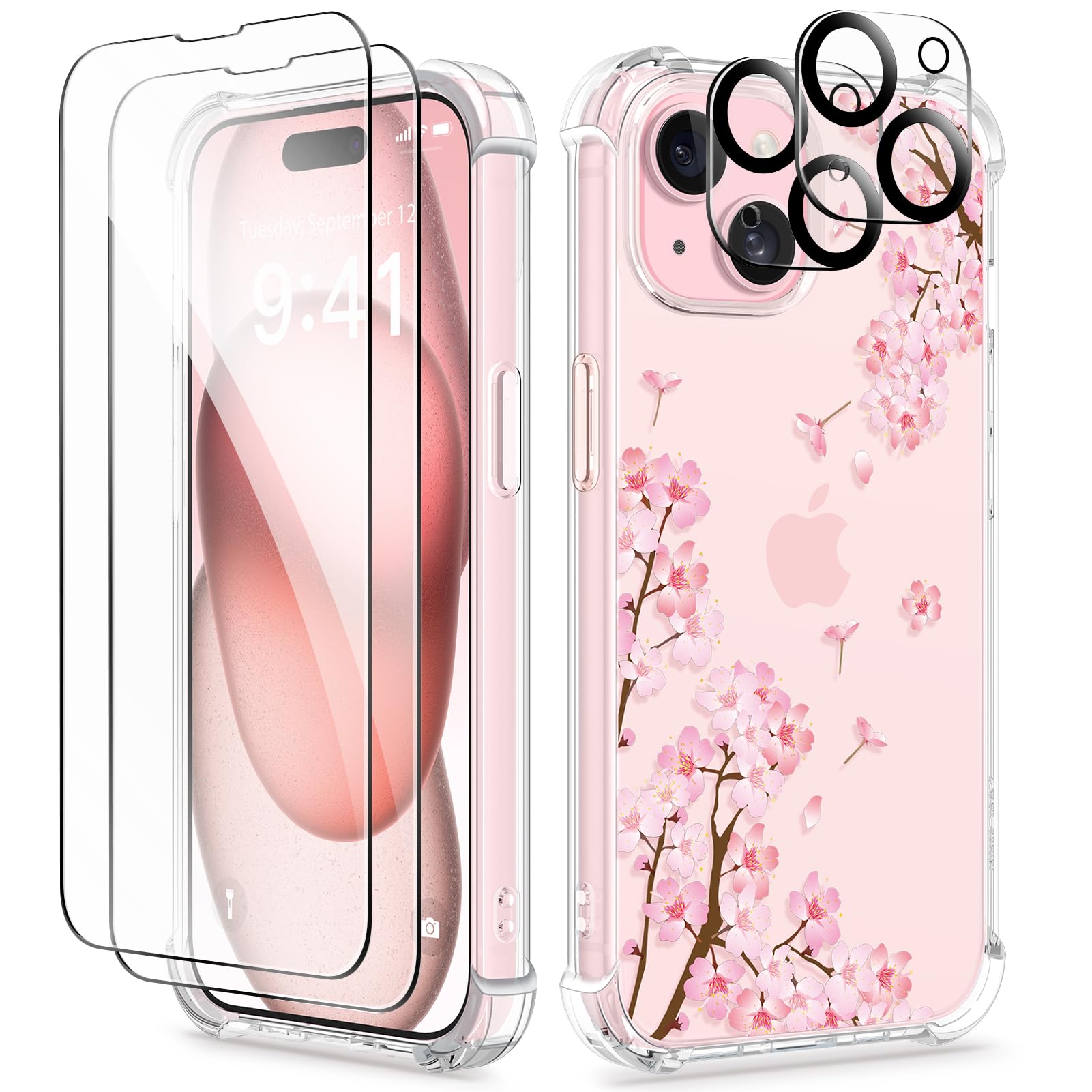 Gviewin For Iphone 15 Case, [5 In 1] With 2X Screen Protector & 2X Camera Lens Protector, Clear Soft Shockproof Slim Fit Floral
