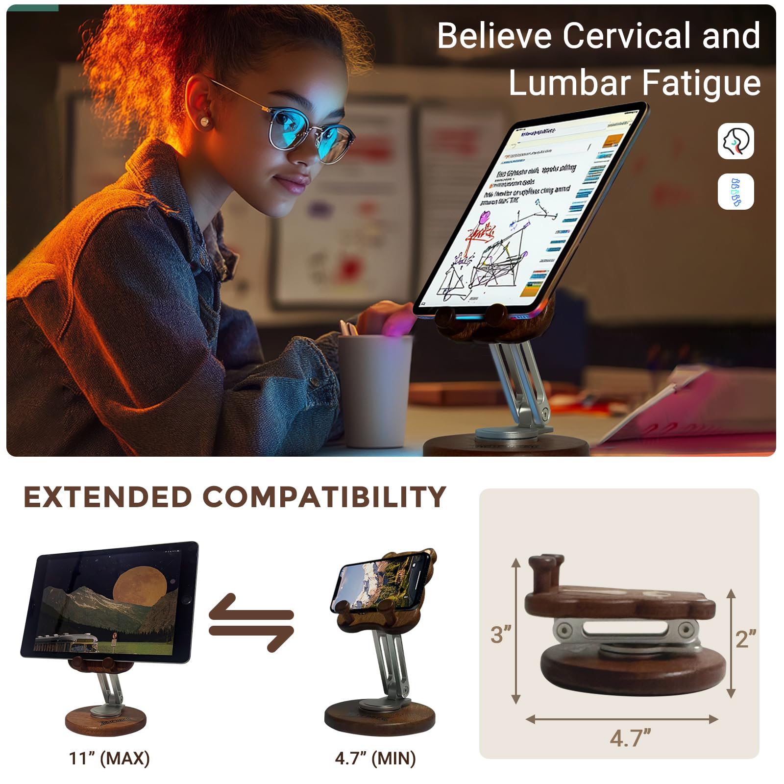 Agicogeo Hand-Inlaid Solid Wood Phone Stand For Iphone 16/Tablets - 360 Rotating Desk Organizer Holder With Artisan Carvings & A