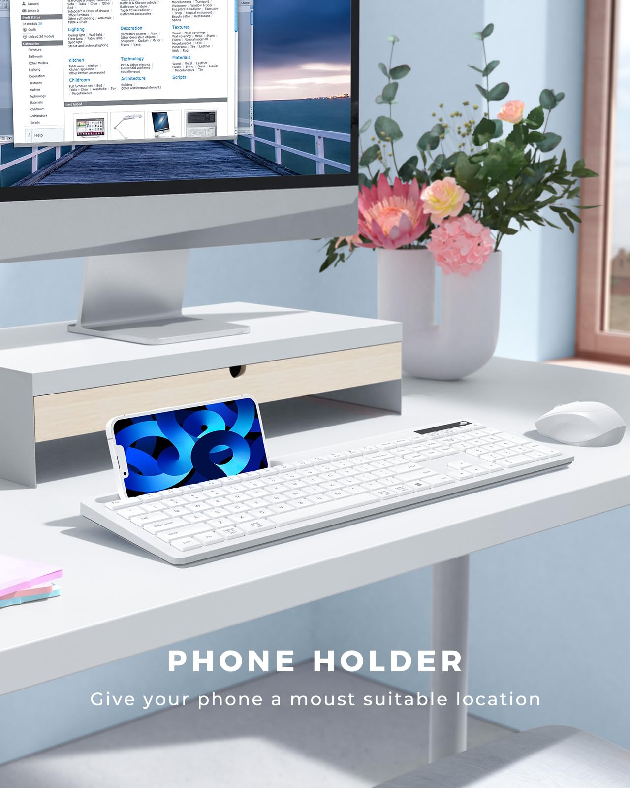 Wireless Keyboard And Mouse White, Vivefox Wireless Keyboard With Phone Holder Usb A & Type C Receiver Full Size Keyboard And Mo
