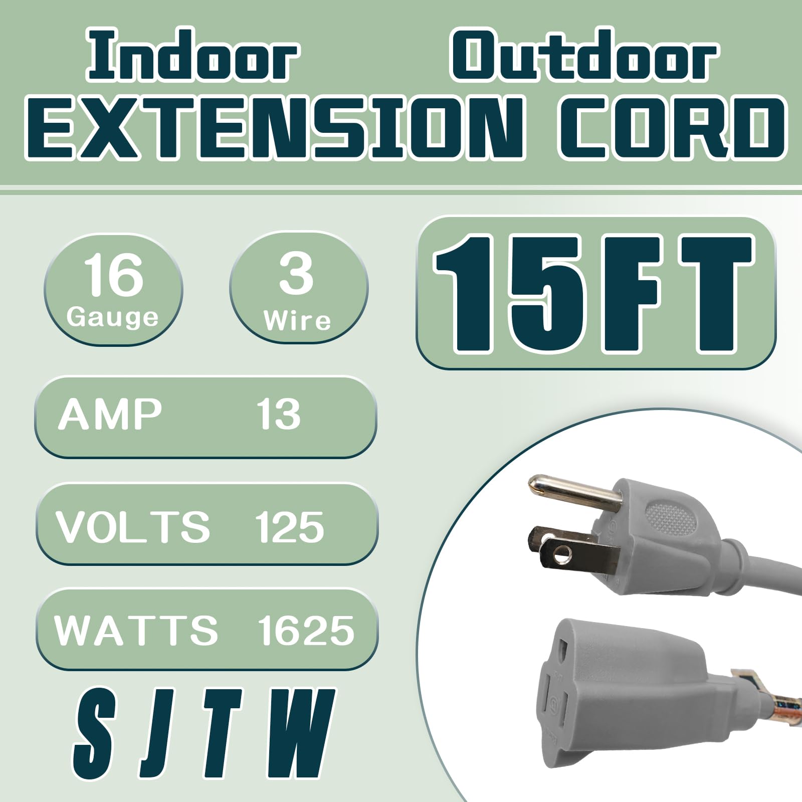 Greatide Indoor Outdoor Extension Cord 15 Ft, 16/3 Sjtw Weatherproof Grey Electrical Cords, 13 Amp Heavy Duty 3 Prong Power Cabl