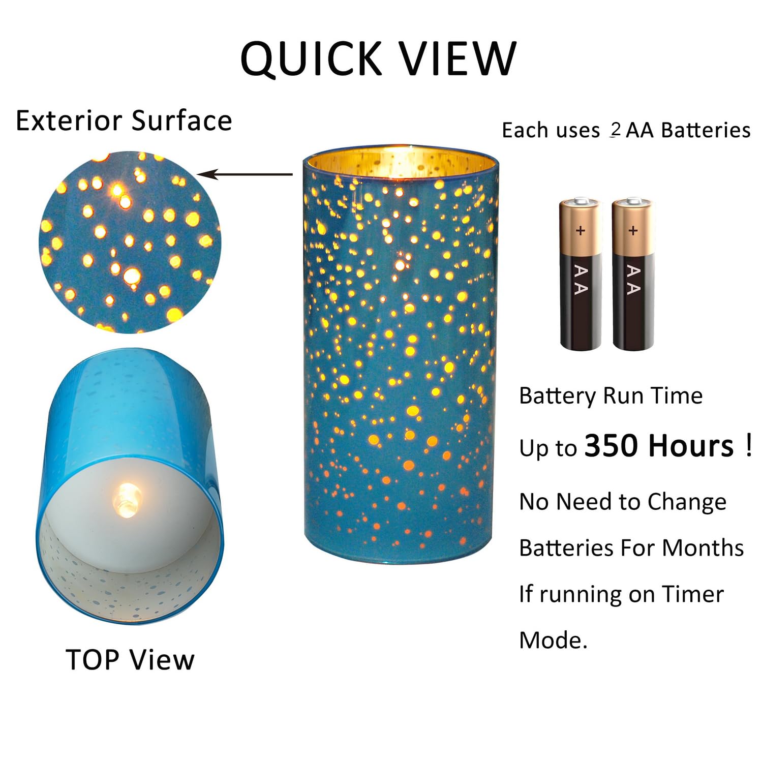 Sky Blue Mercury Effect Glass Flameless Candles, Battery Operated  500 Hr Battery, Realistic Glow For Christmas, July 4Th & Prem