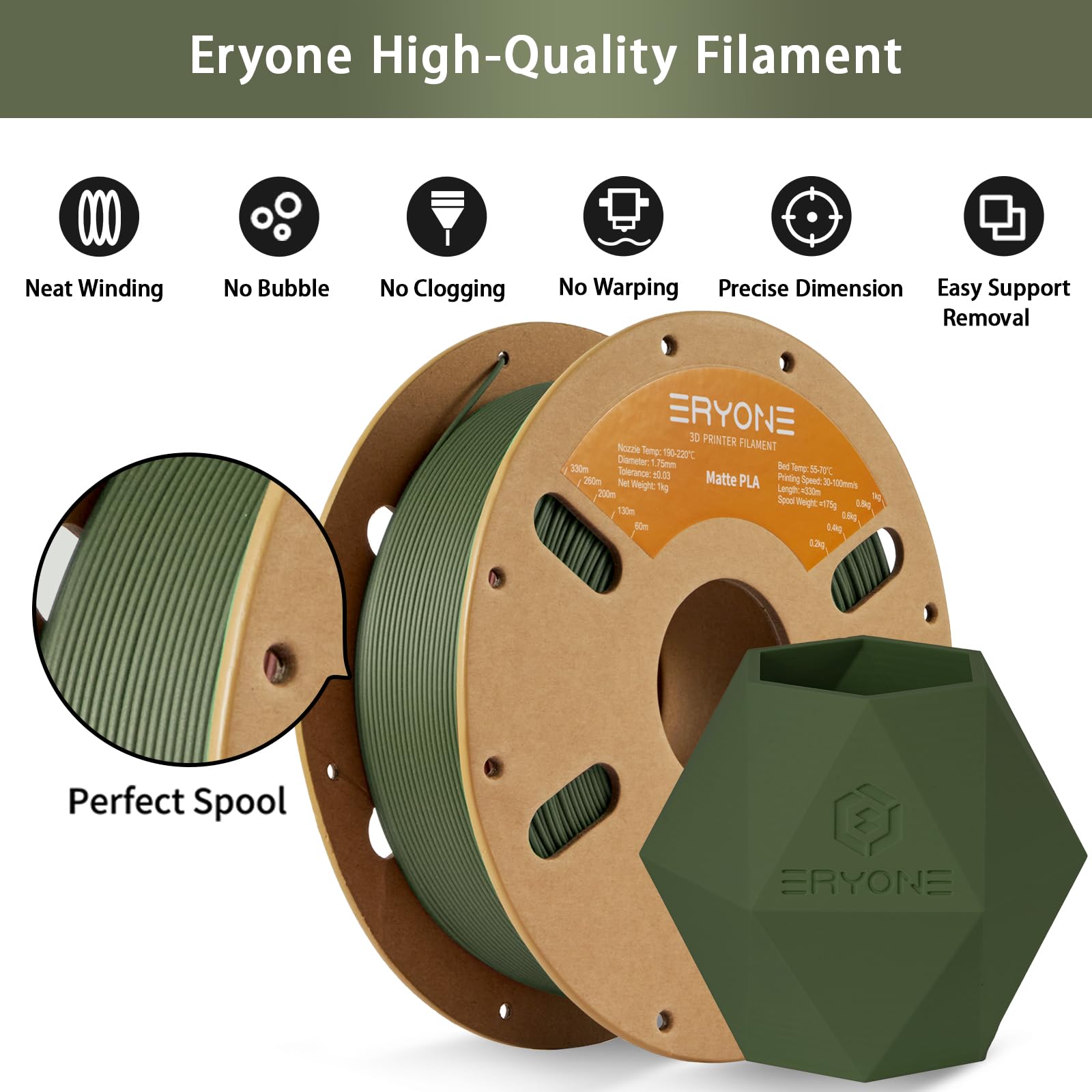 Eryone Matte Pla Filament For 3D Printer, Filament 1.75Mm +/  0.03Mm, 1Kg (2.2Lbs)/Spool, Olive Green