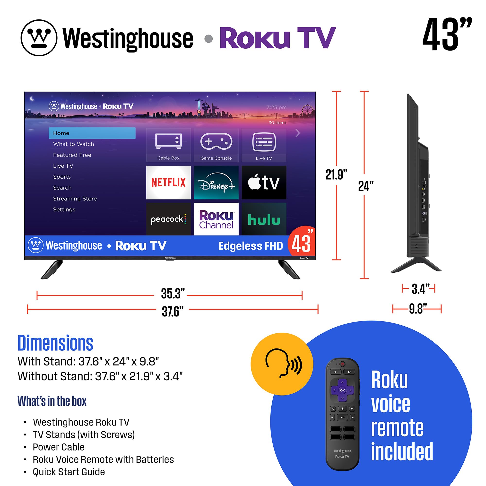 Westinghouse Edgeless Roku Tv   43 Inch Smart Tv, 1080P Led Fhd Tv W/Wi Fi & Mobile App Connectivity, Flat Screen Tv Compatible