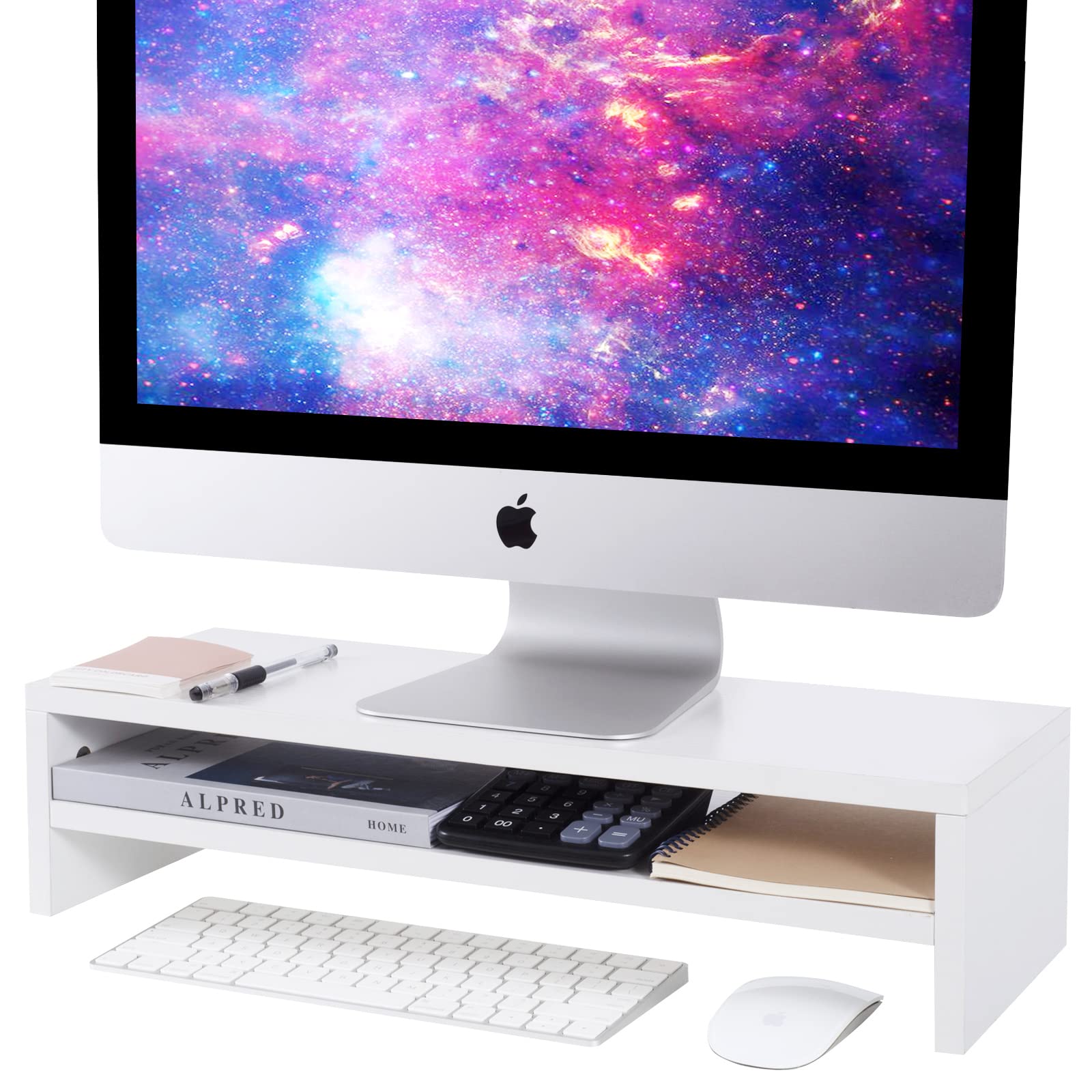 Beygorm Monitor Stand Riser White, 21.6 Inch 2 Tiers Wood Desk Shelf Computer Screen Stand With Storage For Desktop Laptop/Scree