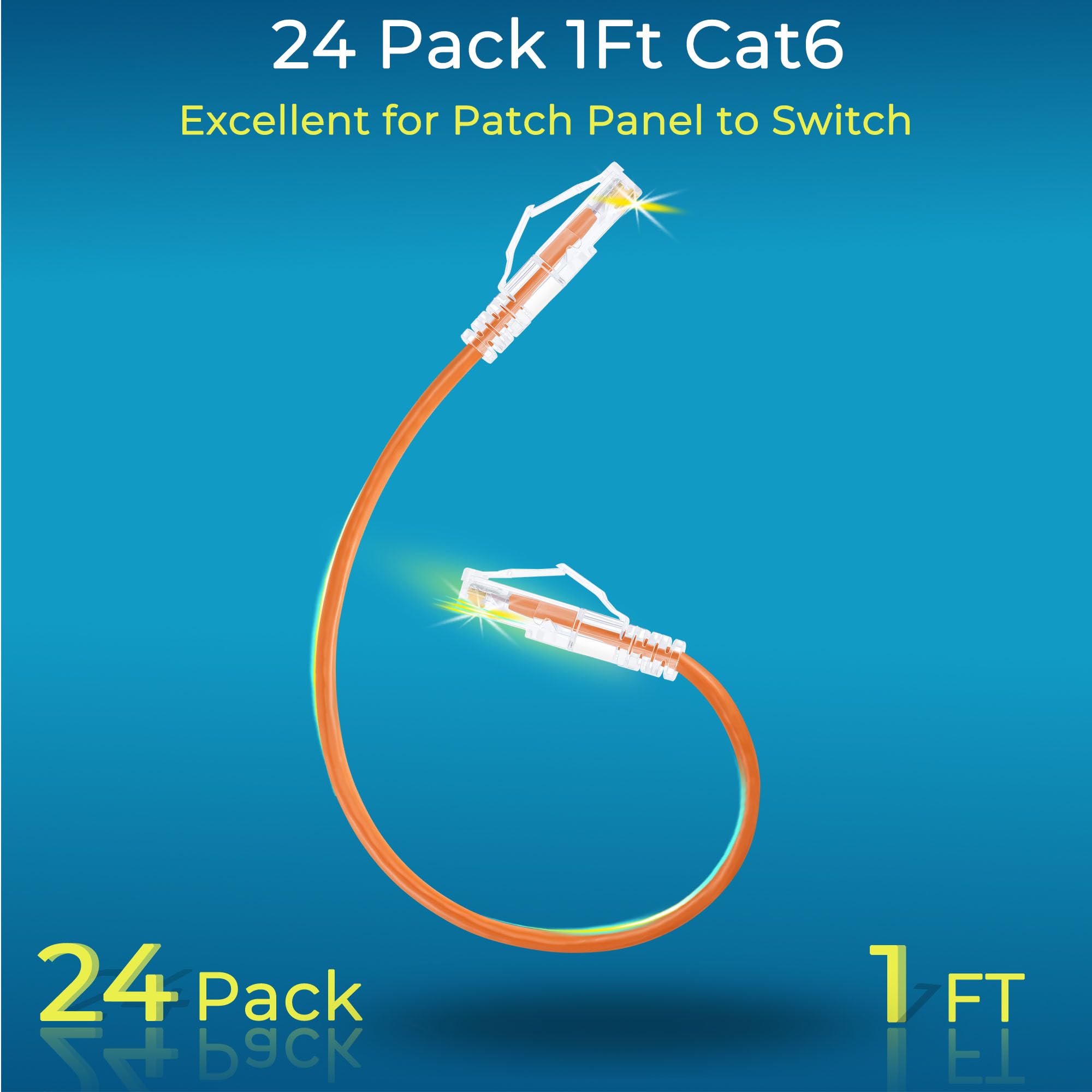 Rapink Patch Cables Cat6/ Cat6A 1Ft (24 Pack) Slim, Cat6A Ethernet Patch Cable 10G Support, Snagless Cat 6 Patch Cable For Patch Panel To Switch, Flexiable Cat6 Ethernet Cable Orange