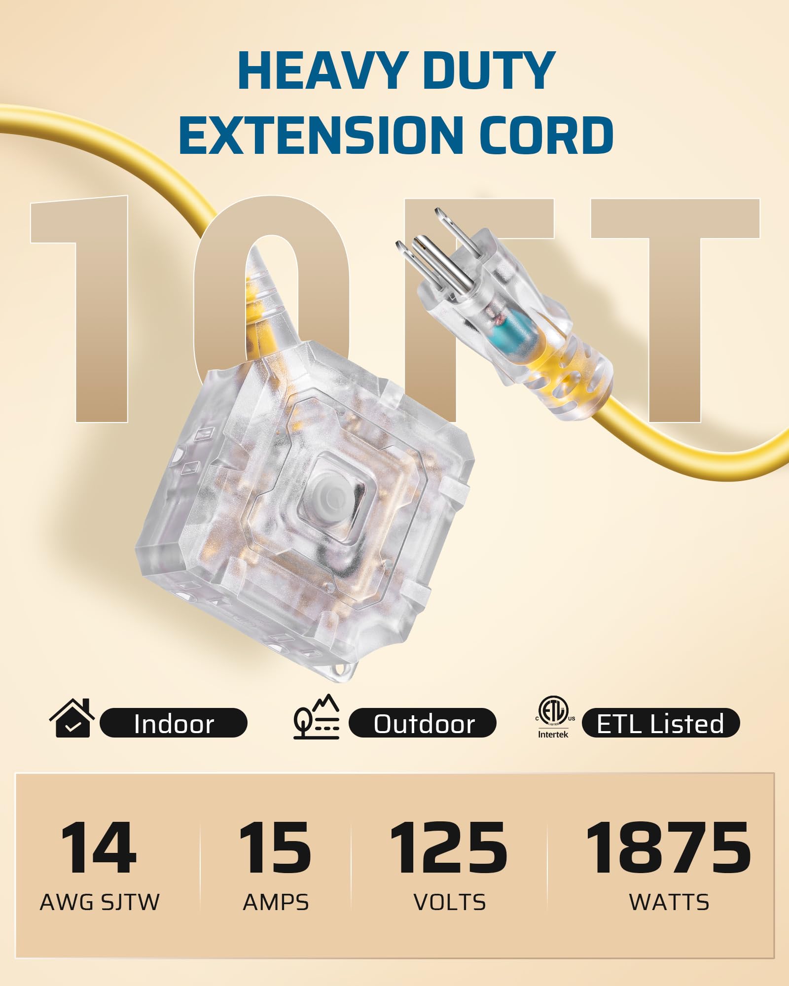Dewenwils 10Ft Outdoor Heavy Duty Extension Cord, 14 Awg Sjtw Power Cord With Dust Proof & Waterproof Switch, 6 Outlets Transpar