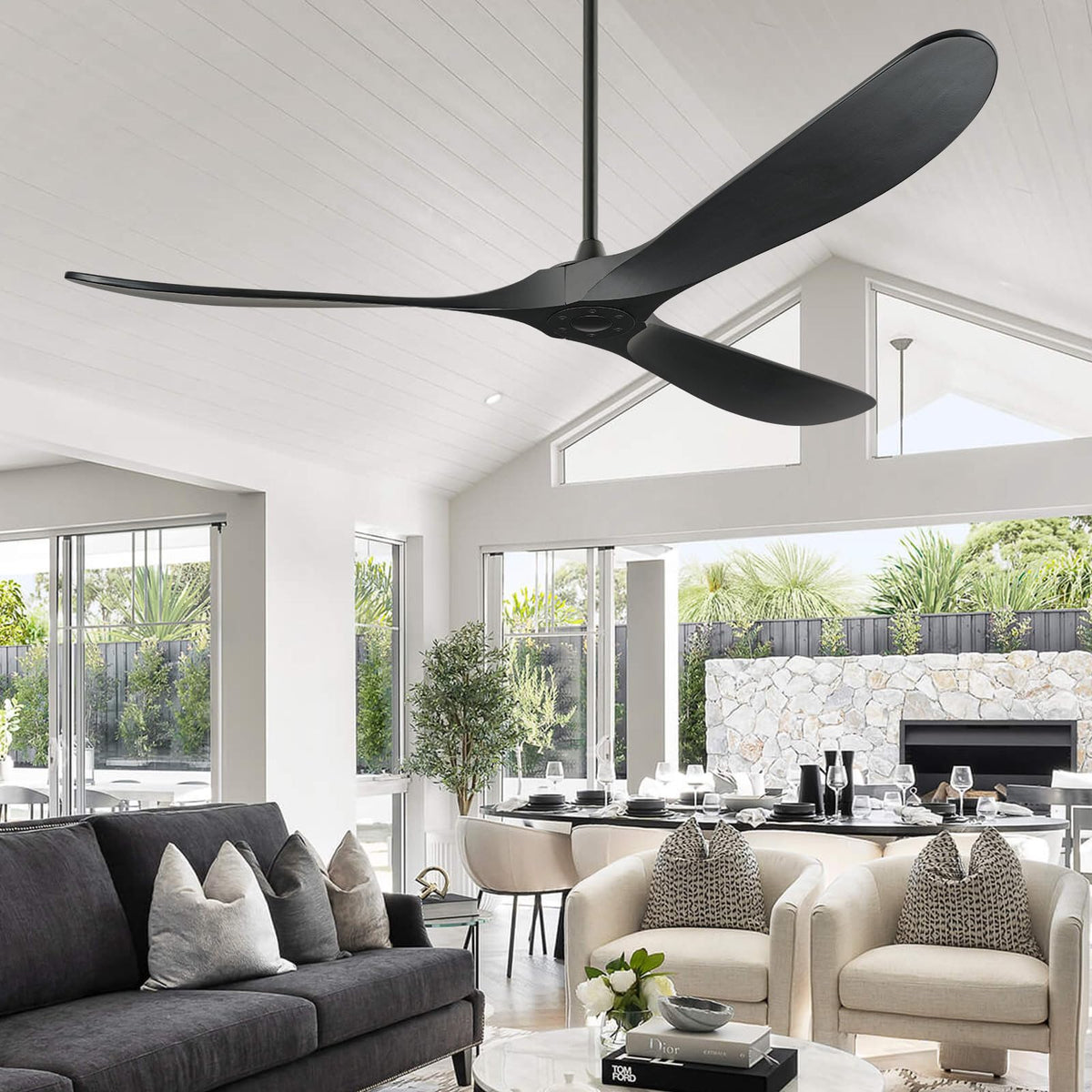 Abz Wood Ceiling Fans Without Lights, 84 Inch Extra Large Ceiling Fan No Light With Remote, High Cfm Black Indoor Outdoor Ceilin