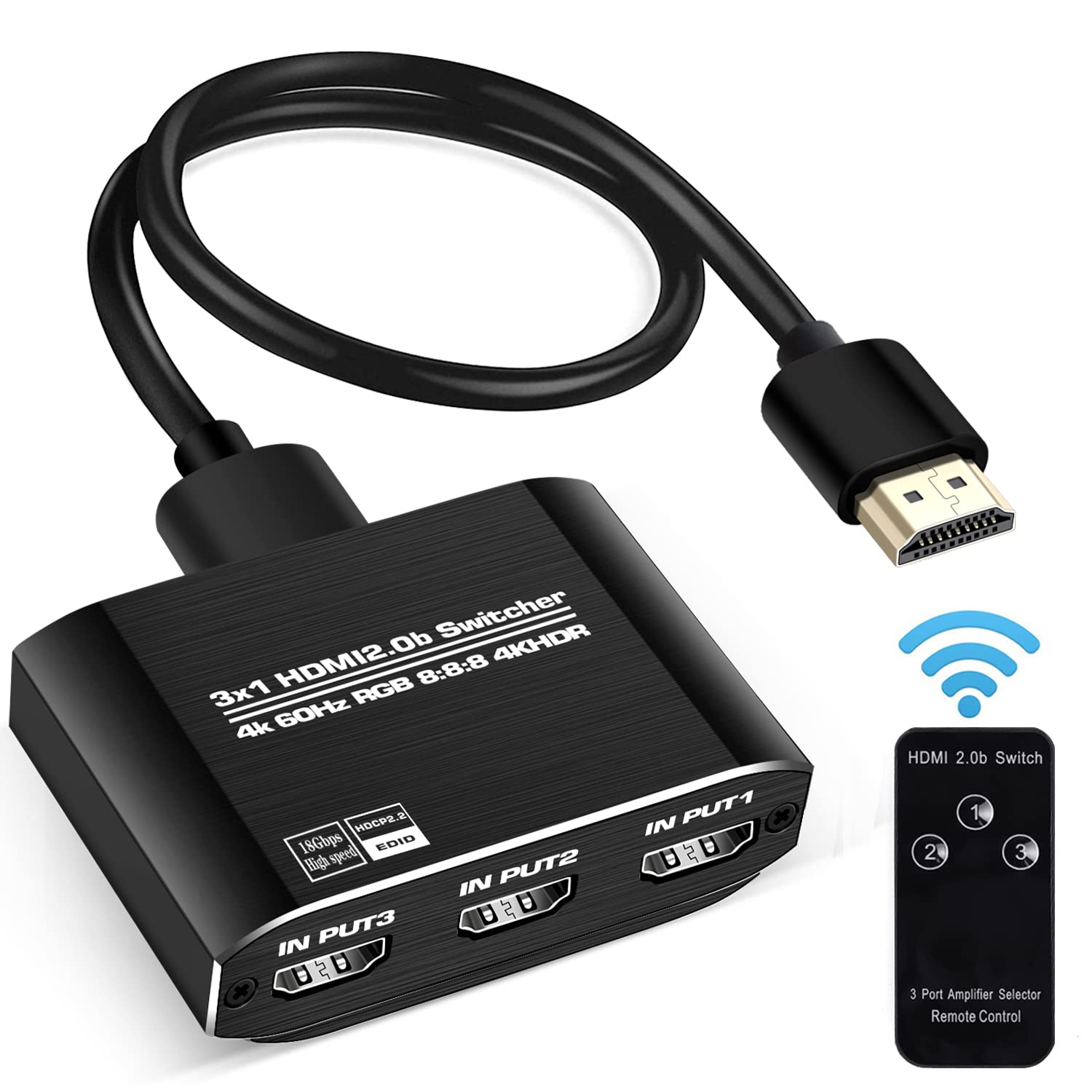 Newcare Hdmi 2.0B Switch 3 In 1 Out ?With High Speed 3.9 Ft Hdmi Cable?, 3X1 Hdmi Selector Switch With Remote,Support Uhd 4K@60Hz Ultra Hd 3D 1080P, Hdcp 2.2 Hdr,18.5Gbps Hdmi Switcher