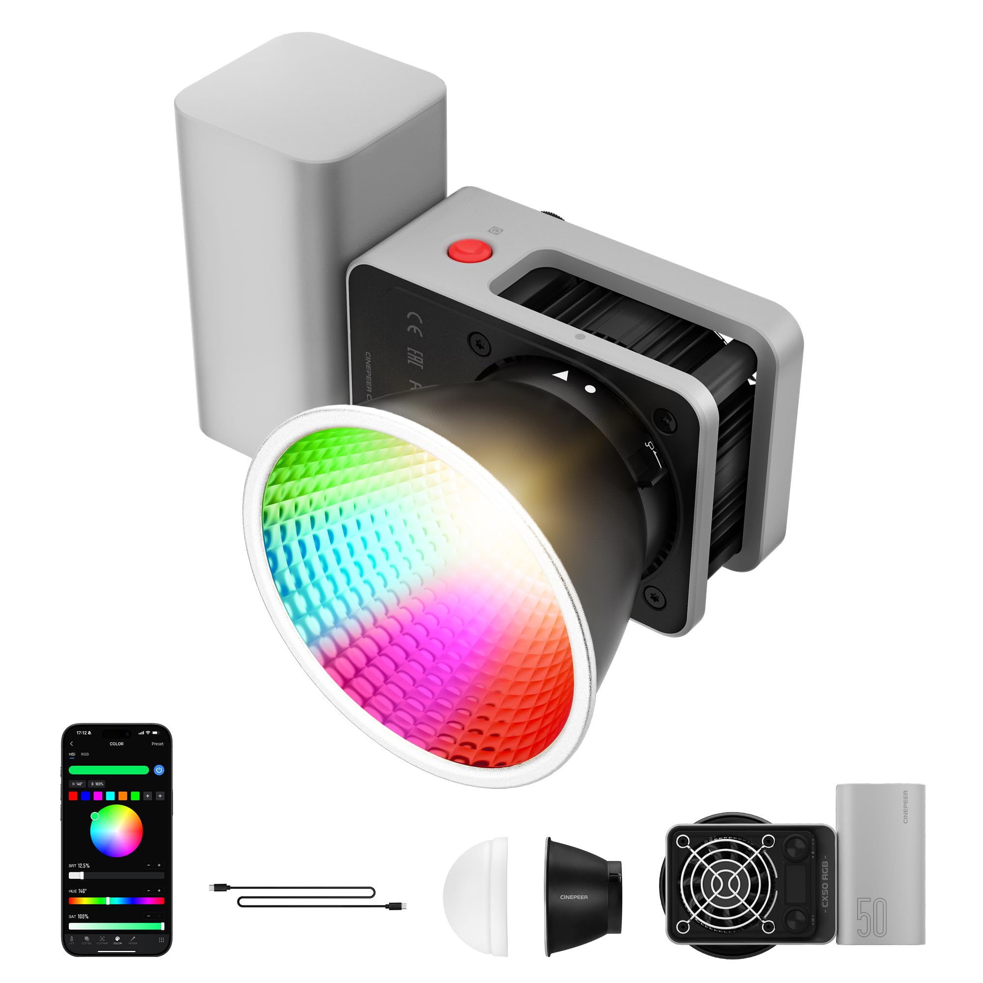 ZHIYUN CINEPEER CX50, 50W RGB Video Light, Full Color 2700K-6500K Portable Camera Light, TLCI/CRI96+, APP Control with Grip Batt