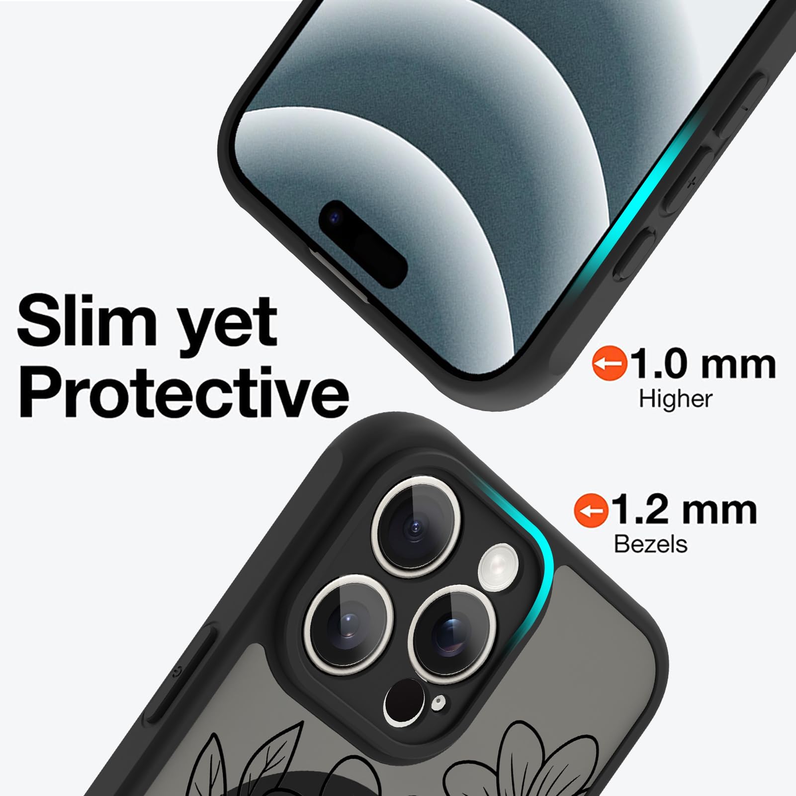 Ook Magnetic For Iphone 16 Pro Case Black Flower Sunflower Pattern [Compatible With Magsafe] Slim Translucent Matte Camera Lens