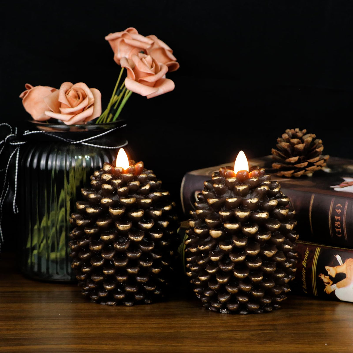 Dromance Flameless Pinecone Candles Battery Operated With 6 Hour Timer Set Of 2 Real Brown Wax Flat Wick Led Flickering Pillar C