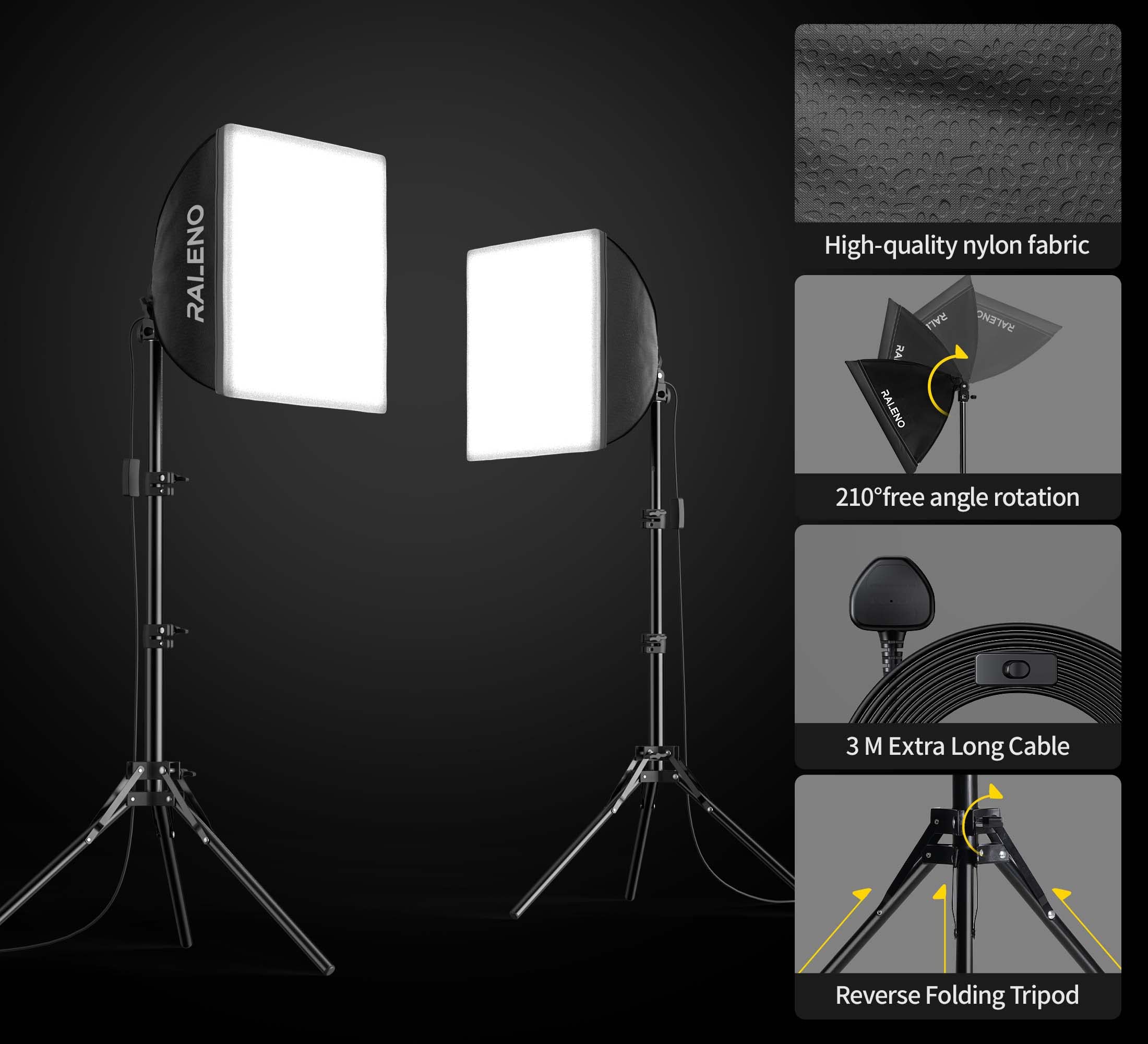 Raleno Softbox Lighting Kit, 2 X 16'' X 16'' Photography Studio Equipments With 50W / 5500K / 95 Cri Led Bulbs, Continuous Light