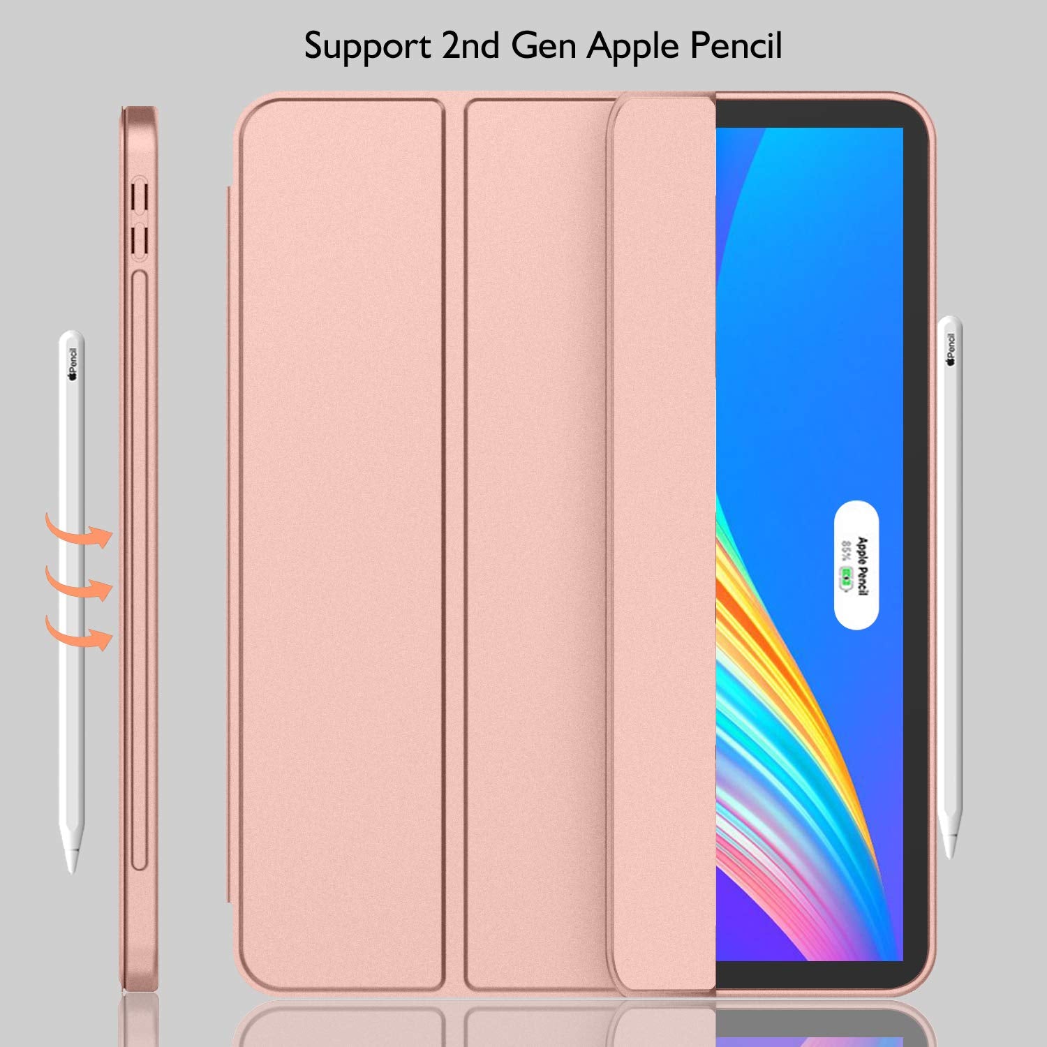 Imieet New Ipad Pro 12.9 Case 2022(6Th Gen)/2021(5Th Gen) With Pencil Holder [Support Ipad 2Nd Pencil Charging/Pair],Trifold Stand Smart Case With Soft Tpu Back,Auto Wake/Sleep(Rose Gold)
