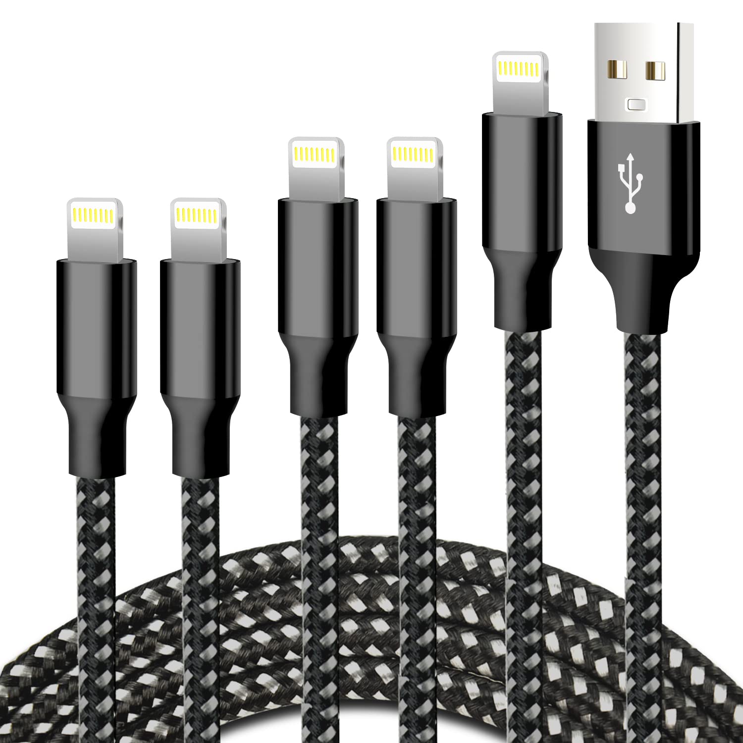Cugunu Iphone Charger, 5 Pack 3/3/6/6/10Ft Apple Mfi Certified Usb Lightning Cable Nylon Braided Fast Charging Cord Compatible For Iphone 14/13/12/11/X/Max/8/7/6/5/Se/Plus/Ipad   Black Gray