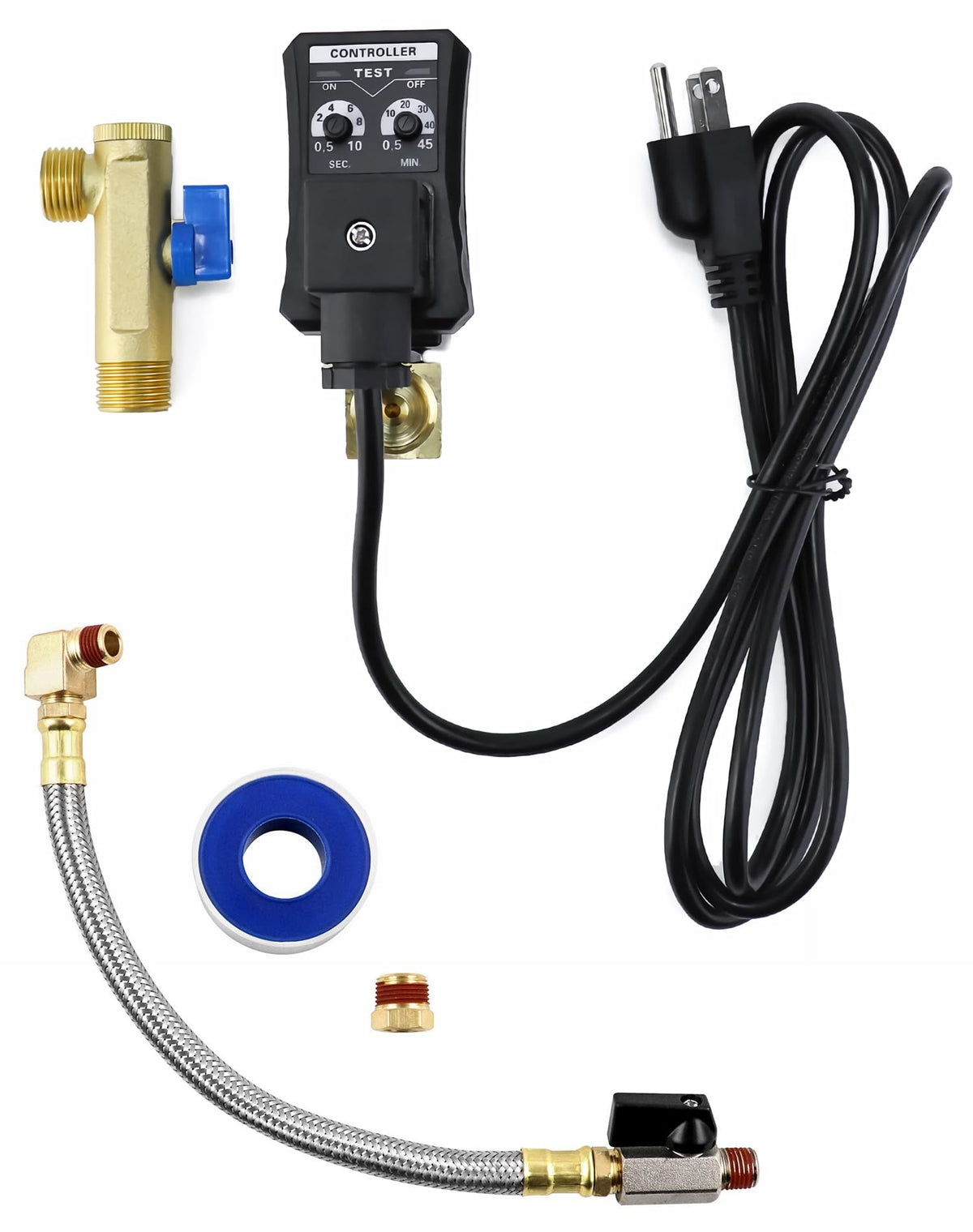 Qwork Automatic Timed Condensate Drain Valve With Steel Hose 1/4 Inch Npt Drain Valve Elbow Fitting, 1/2'' Ac110V 2 Way Direct A