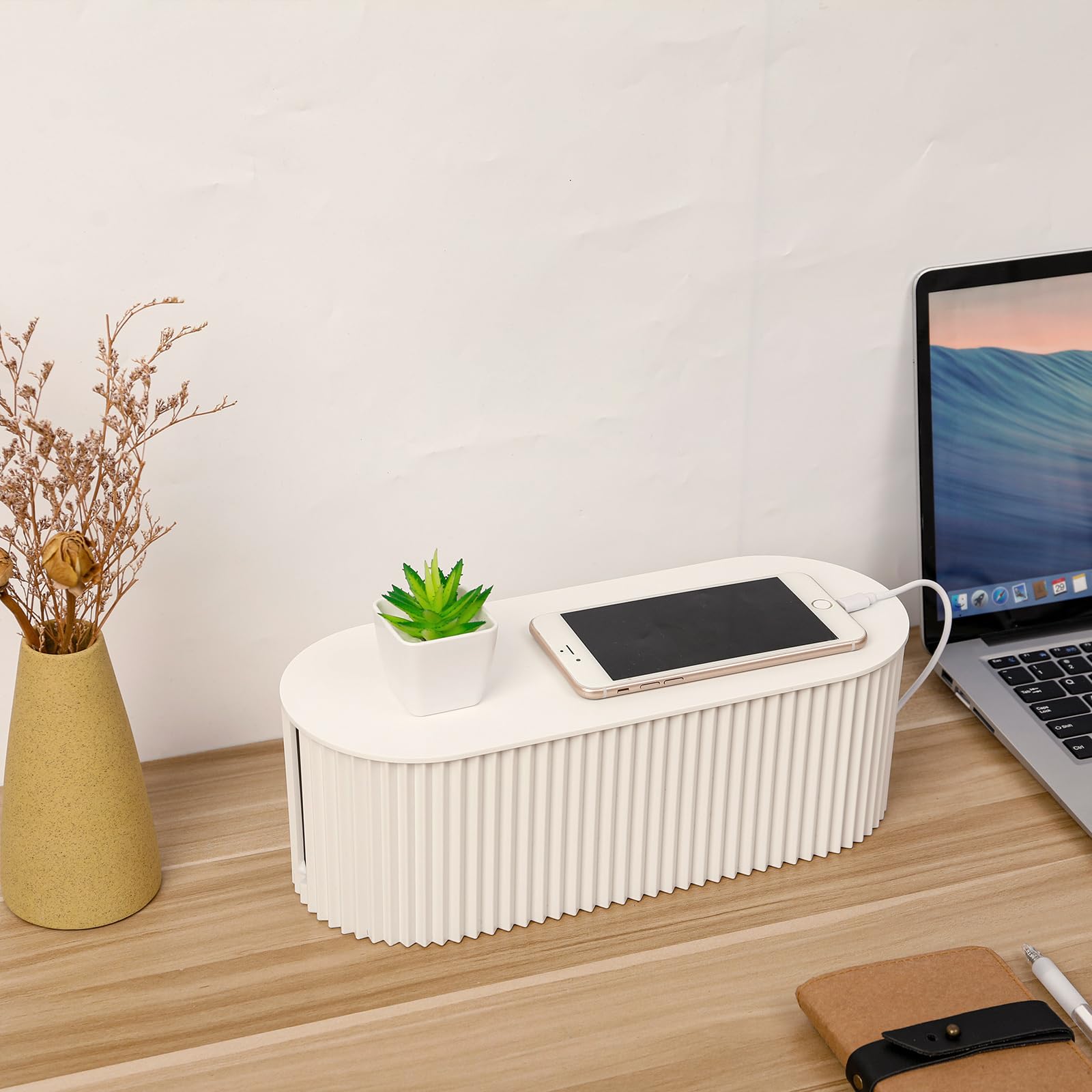 FABROK Cable Management Box for Power Strips TV Computer Wires Plastic White Large with 10 Cable Ties