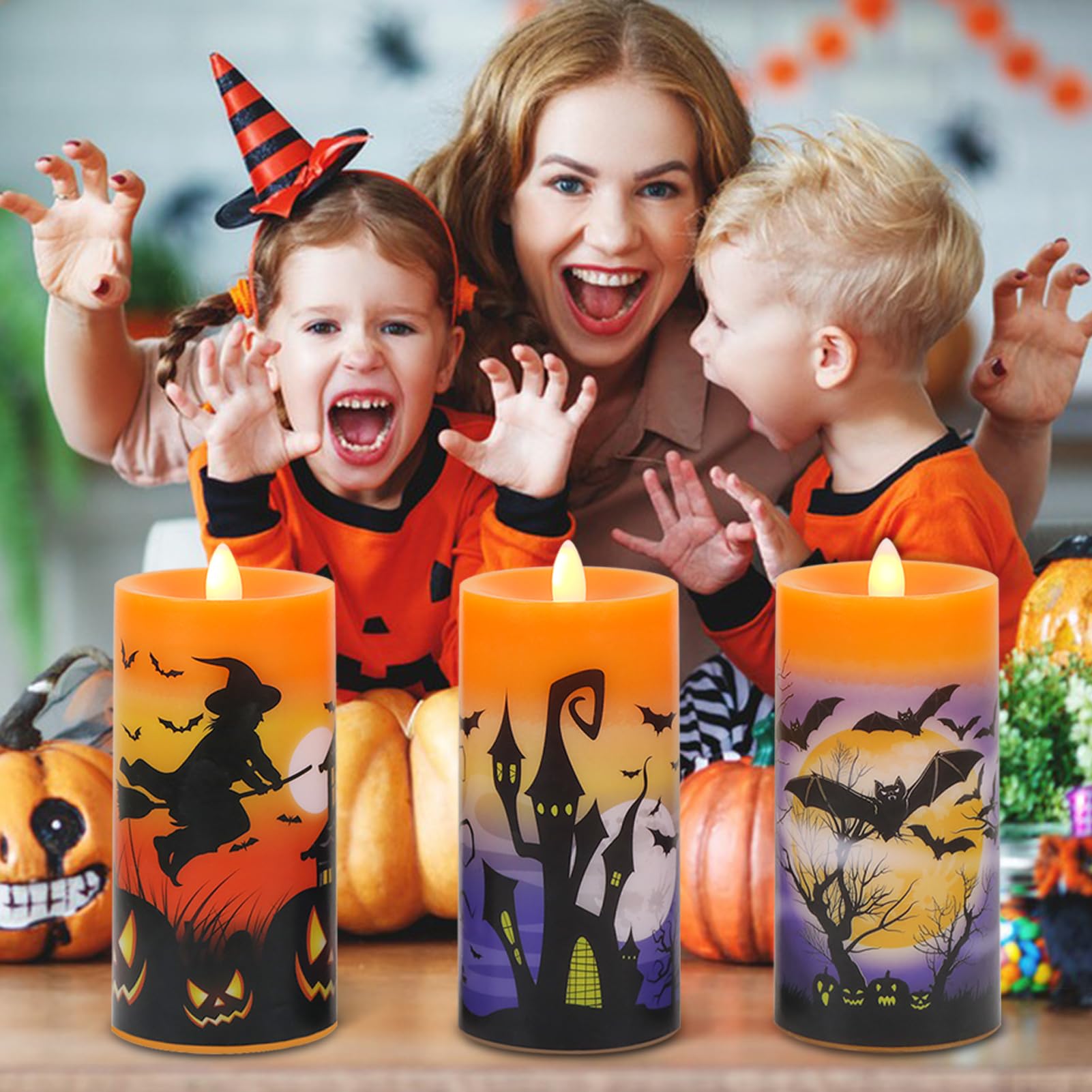 Dromance Halloween Flameless Led Candles Battery Operated With Remote And Timer, Real Wax Flickering Pillar Candles Flat Wick Di