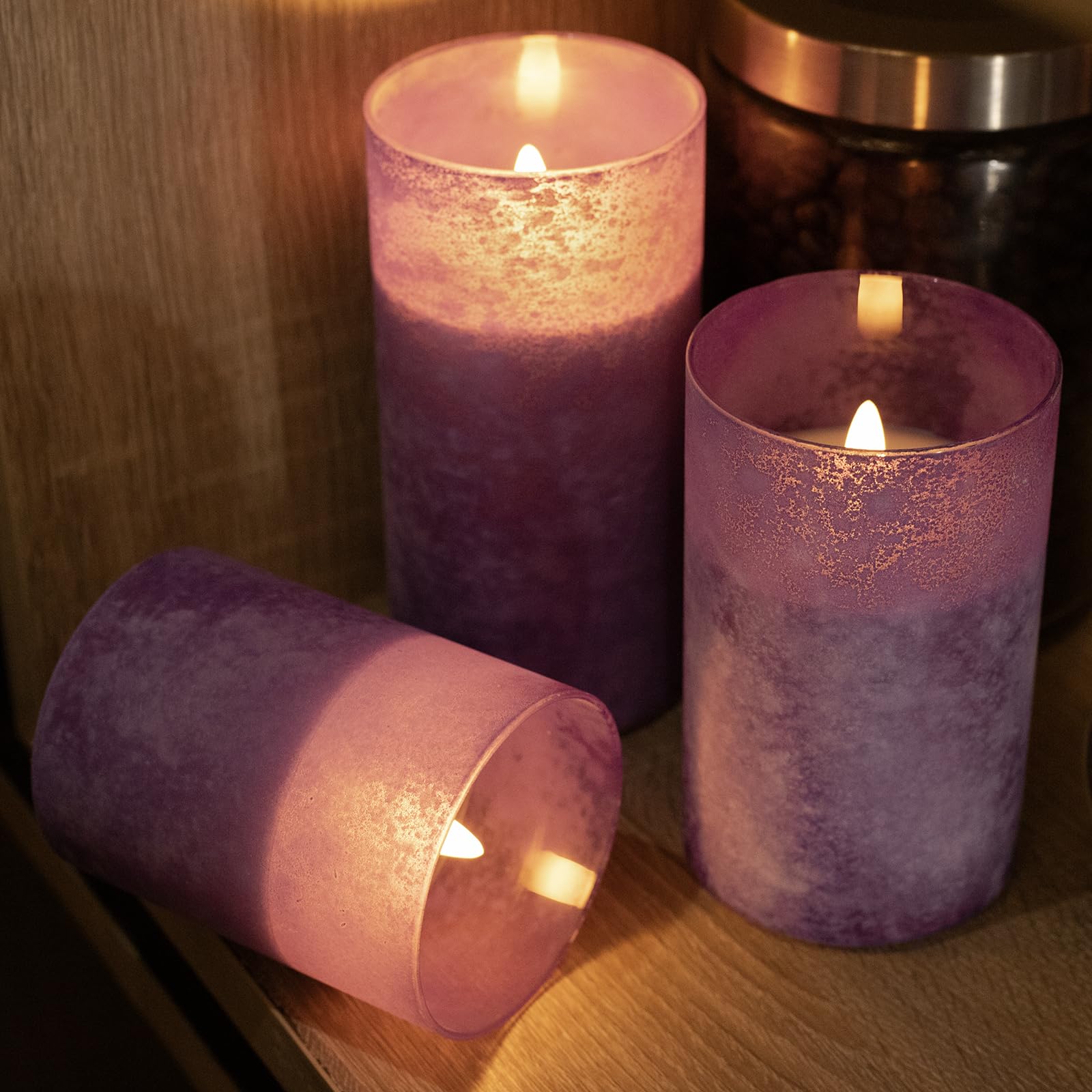 Covege Flickering Flameless Candles With 10 Key Remote And Timer   Set Of 3 Handmade Sandblast Glass Led Pillar Candles, Real Wa