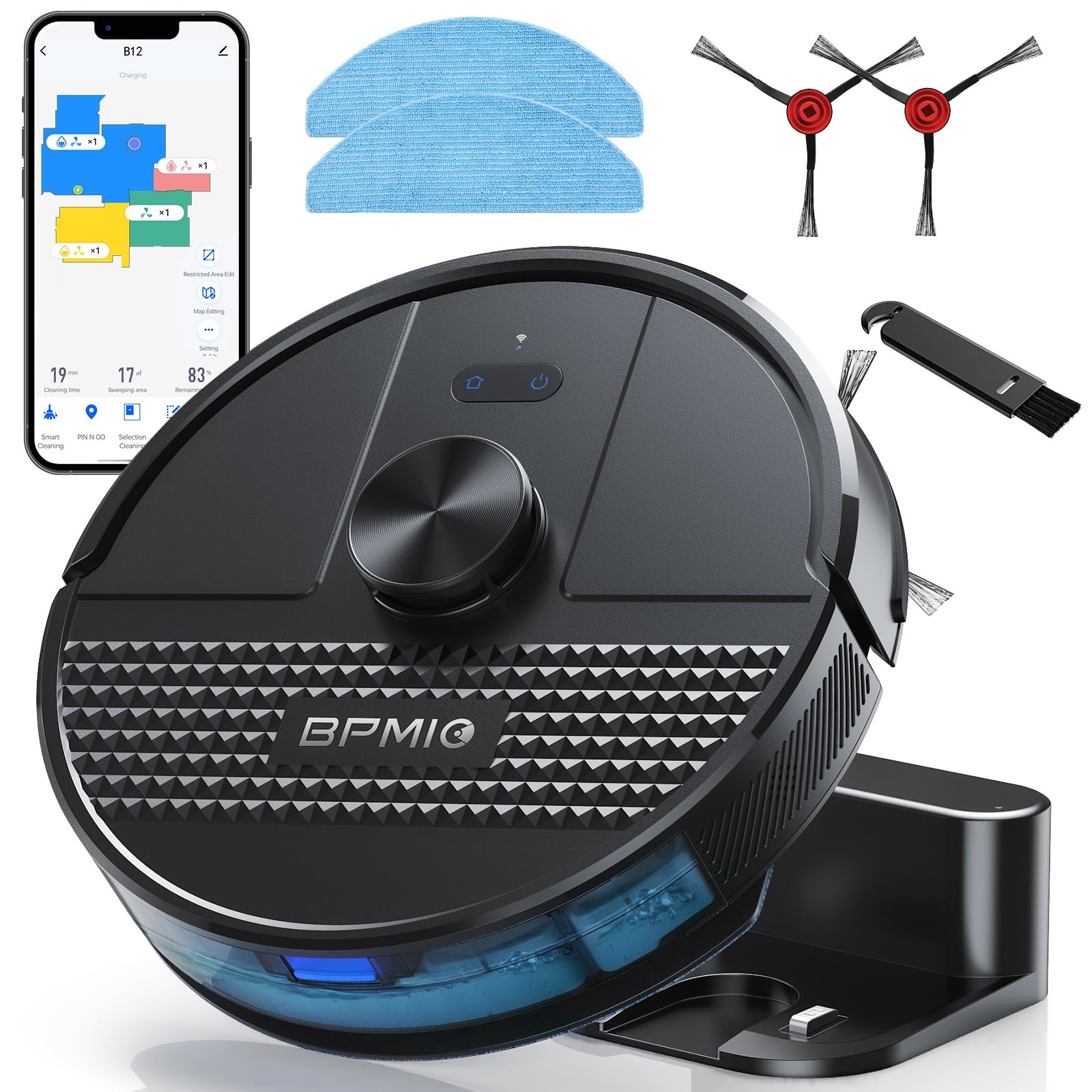 Bpmio Robot Vacuum And Mop Combo 4500Pa Max Suction With Lidar Navigation Smart Mapping, 145 Min Runtime Customized Cleaning Sch