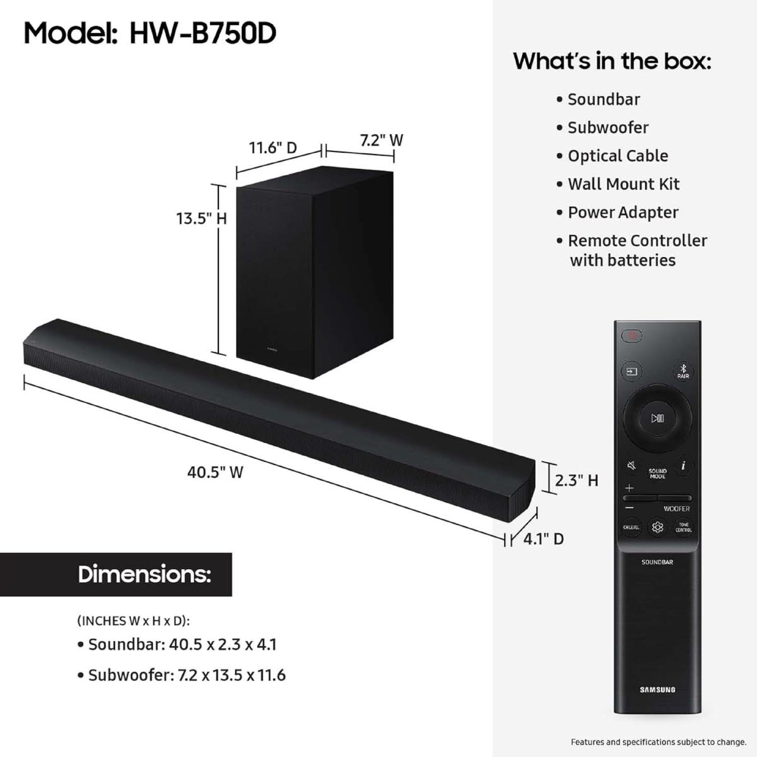 Samsung Hw-B750D/Za 5.1 Ch Soundbar W/Dolby Audio, Surround Sound Expansion, Bass Boost, Adaptive Sound, Dts Virtual:X, Wireless