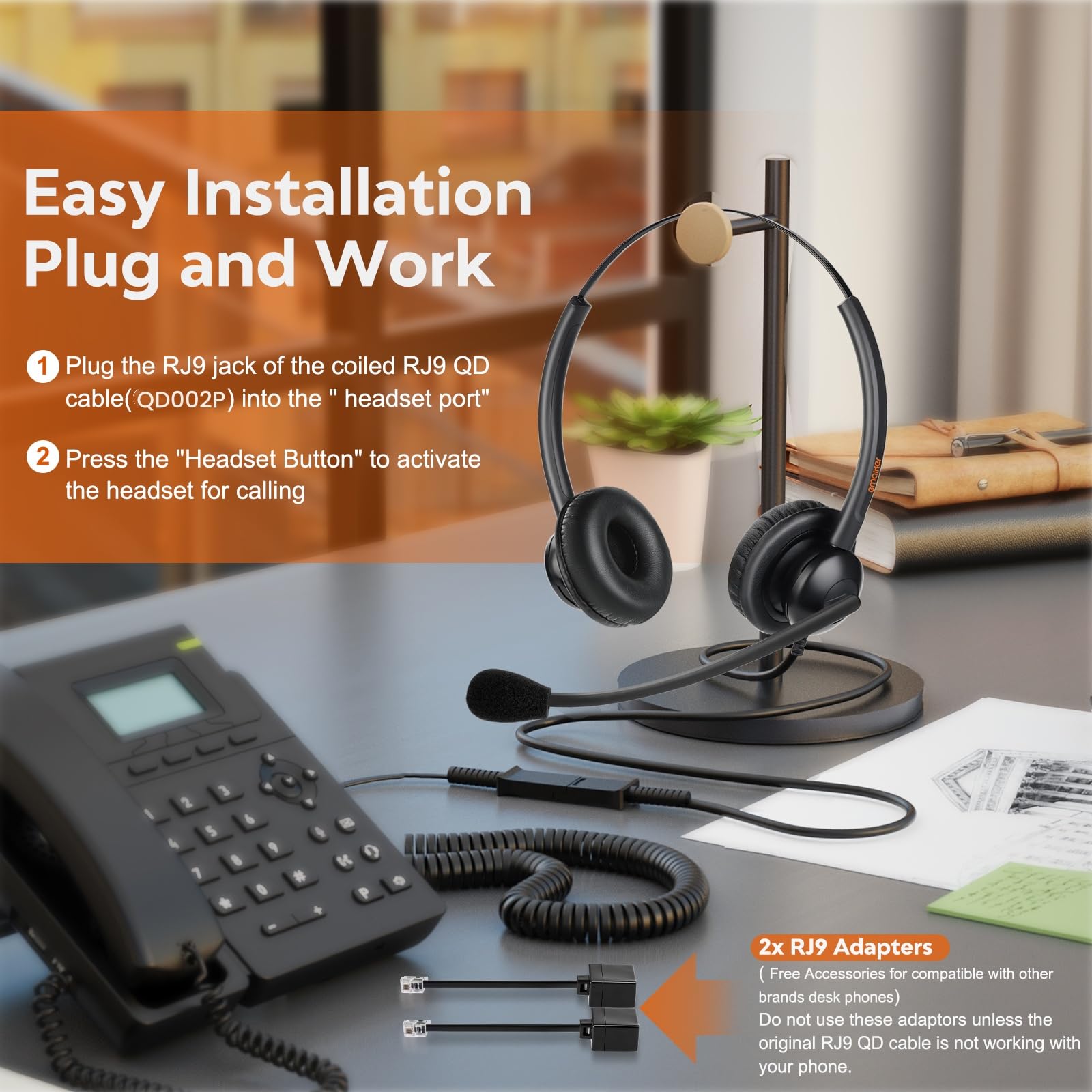 Corded Telephone Headset With Noise Cancelling Mic, Call Center Office Headset With U10P Bottom Cable Rj9 Plug Works For Polycom