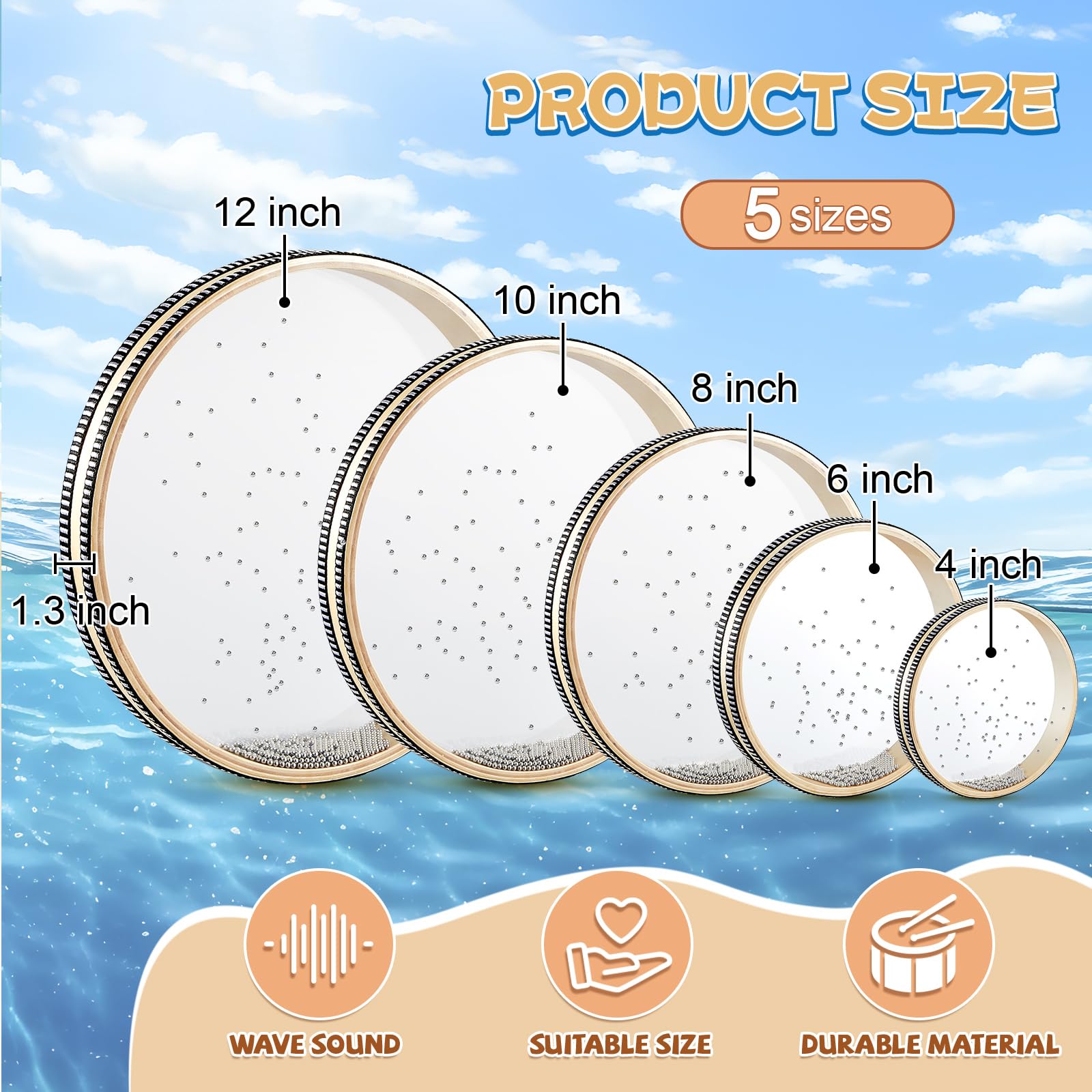 Fiada 5 Sizes 4 12'' Wave Bead Sea Drum Sea Sound Drum With Hardwood Shell Sound Healing Instruments Natural Color Musical Instr