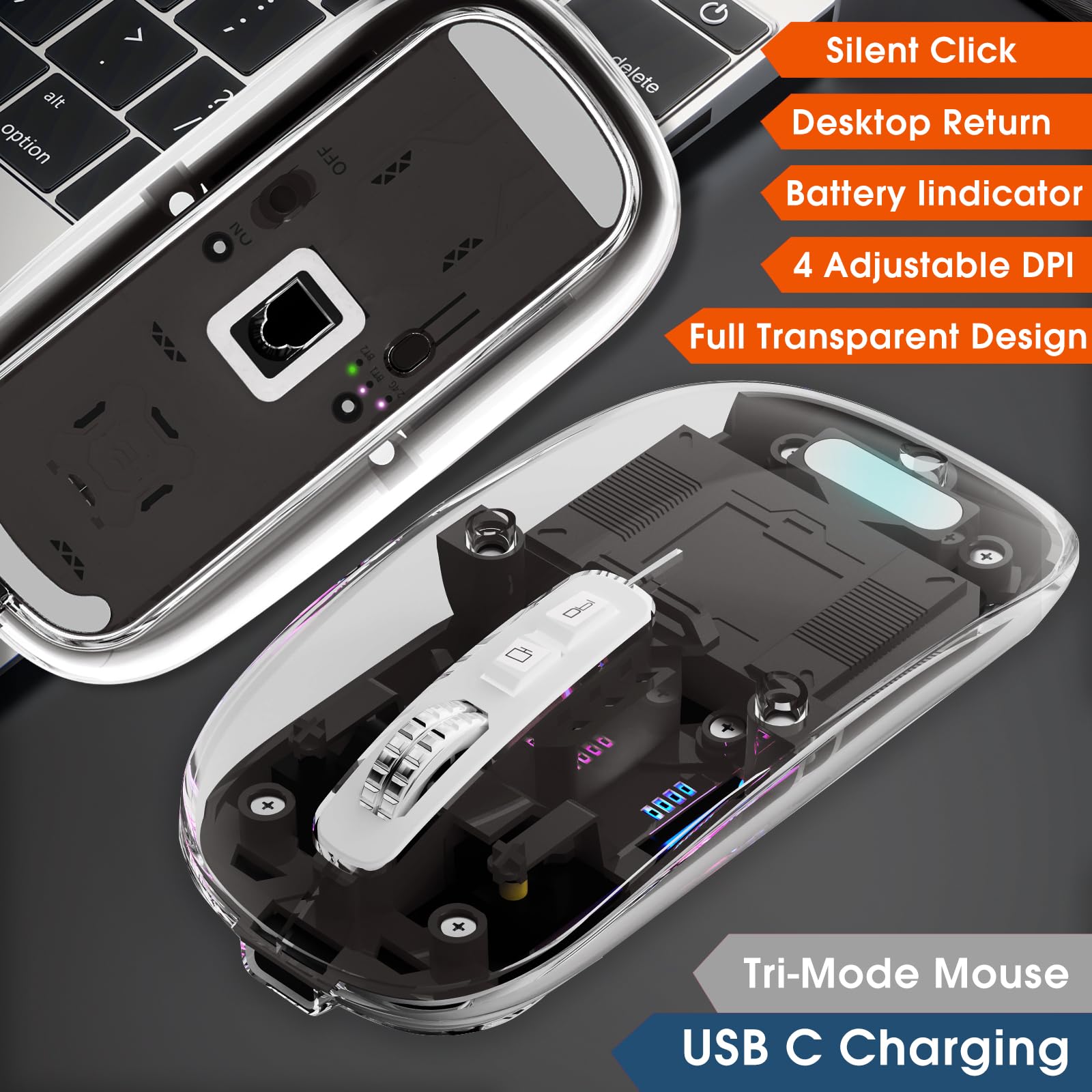 Wireless Transparent Mouse For Computer,Bluetooth Mouse Rechargeale,Power Display,Dpi,Shortcut,Tri Mode Bluetooth5.1(Bt1+Bt2) +