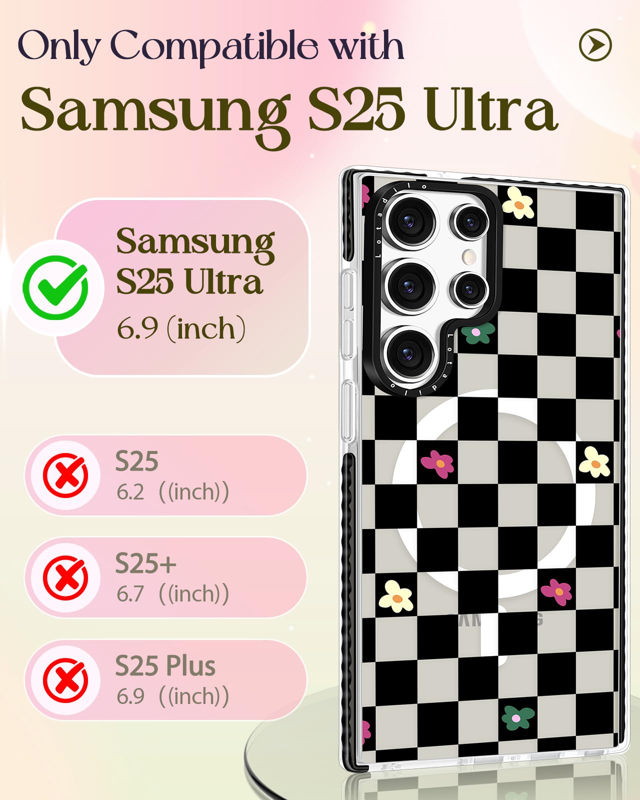 Lotadilo Cute Case For Samsung Galaxy S25 Ultra For Women Girls - Funny Plaid Flower Design Compatible With Magsafe Magnetic Rin