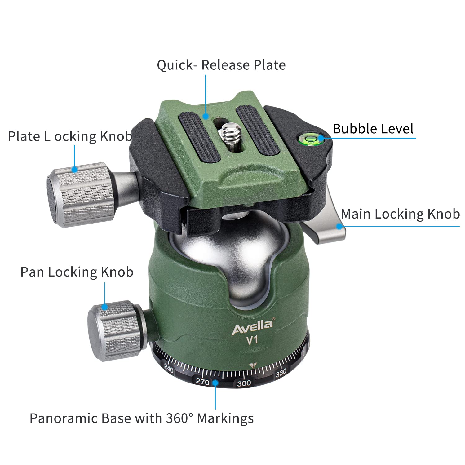 Avella V1 Dslr Camera Tripod Ball Head 38Mm, 360 Degree Swivel,U Shaped Groove Design, For Canon Nikon Sony Olympus Panasonic Dslr Camera Green