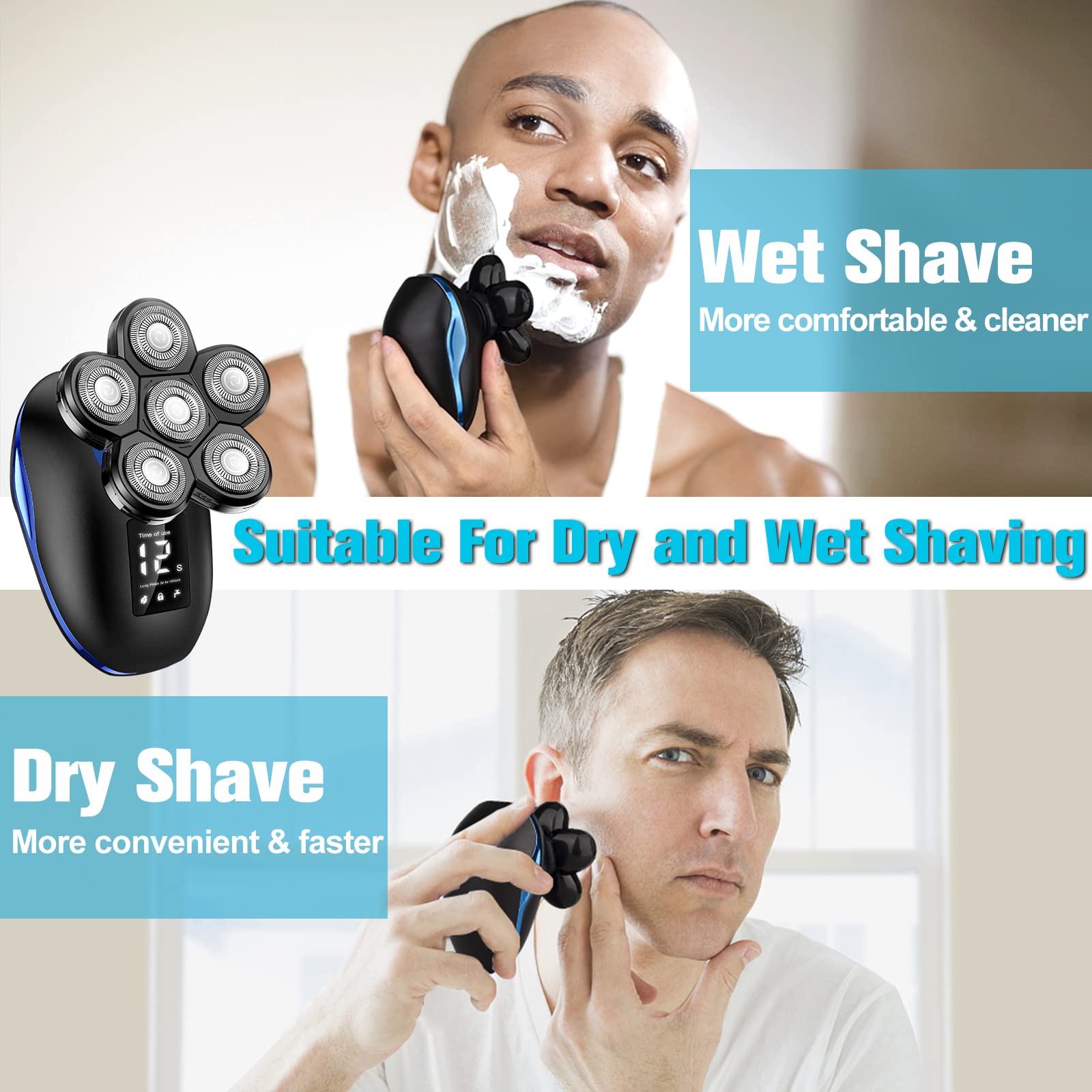 Sakioo Head Shaver, Upgrade 6 In 1 Electric Head Shaver For Bald Men, Ipx7 Waterproof Cordless Rotary Razor With Led Display, Fa