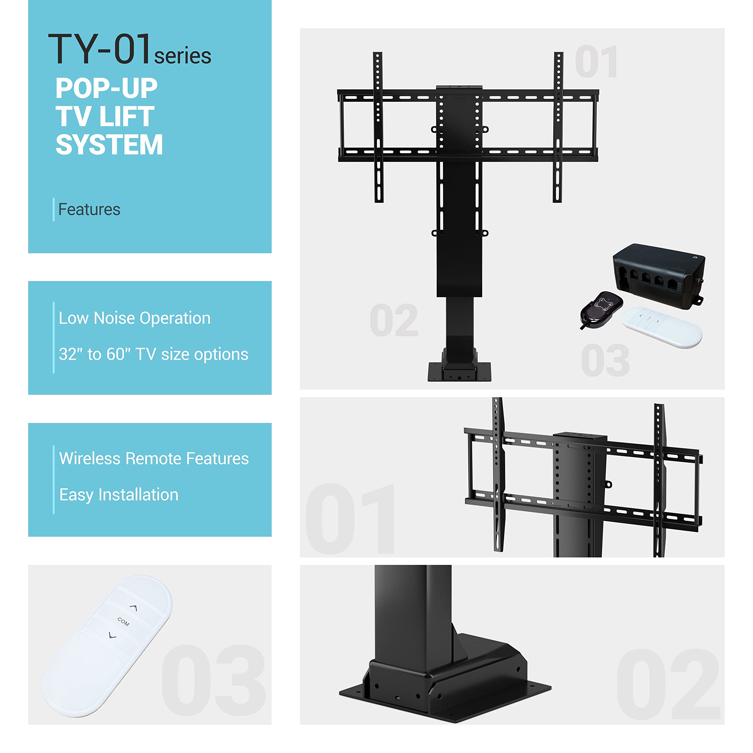 Progressive Automations Motorized Hidden pop up TV Lift   25.4' Stroke Vertical Automatic Adjustable Height TV Mount for 32'   60' Screen