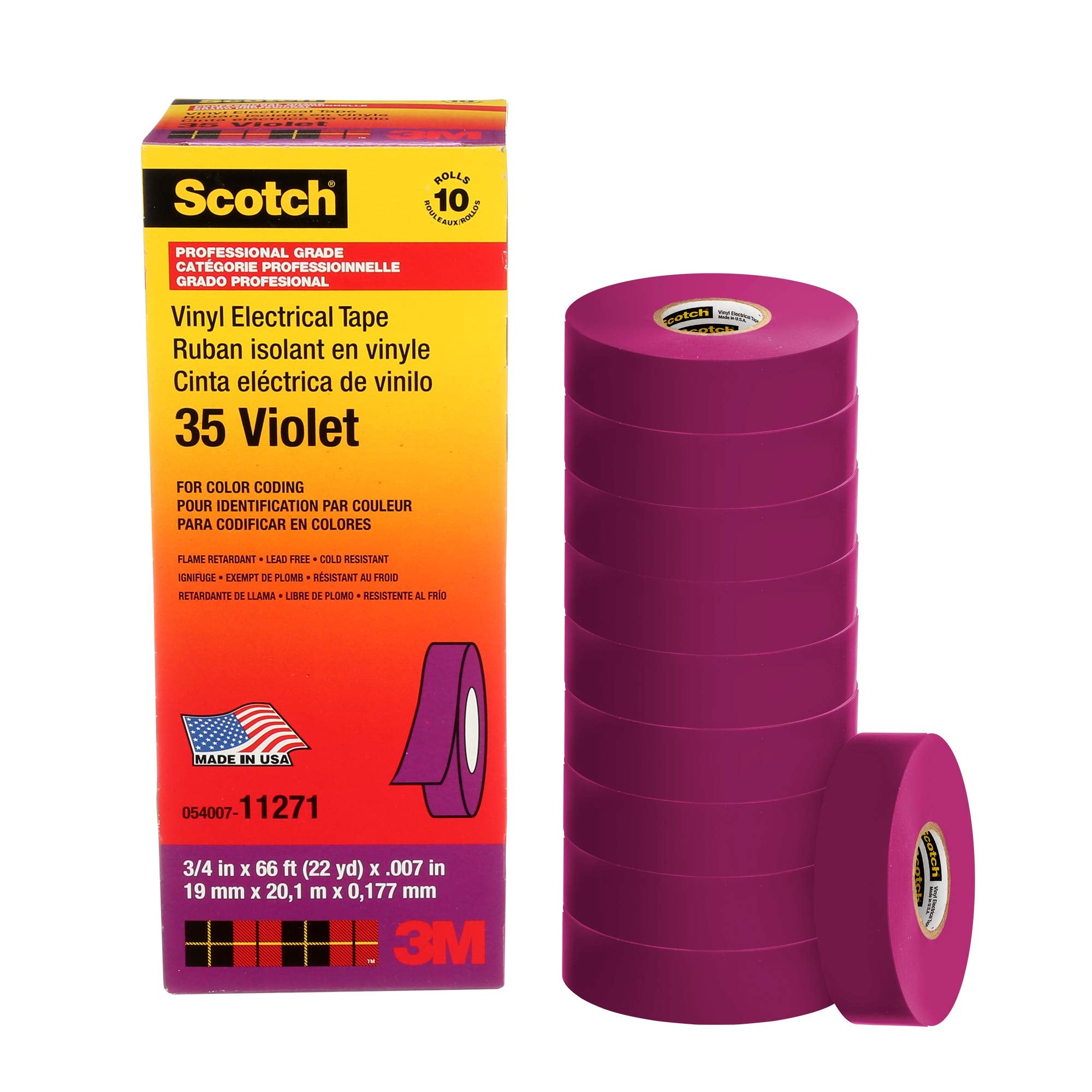 3M Scotch Vinyl Color Coding Electrical Tape 35, 3/4 in x 66 ft, 10 Rolls, Violet, CSA Certified, UL Listed, Professional Grade,