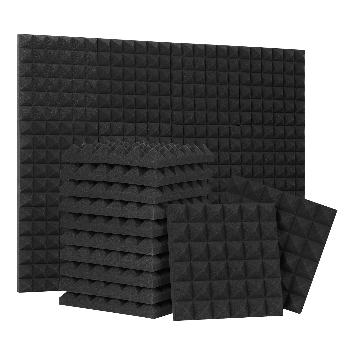 24 Pack 12 X 12 X 2 Inches Pyramid Designed Acoustic Foam Panels, Sound Proof Foam Panels Black, High Density And Fire Resistant