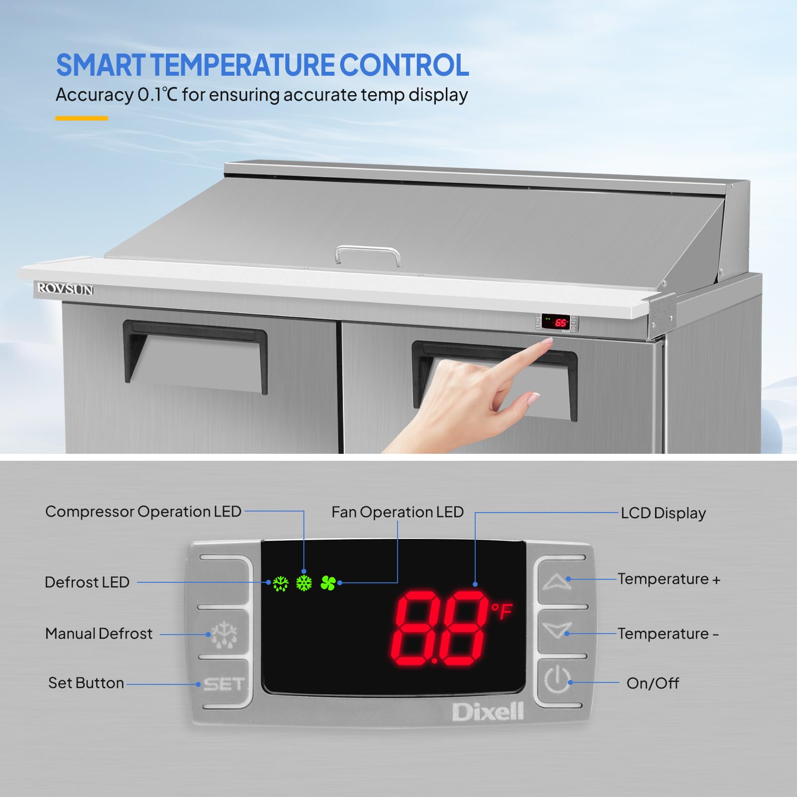 Rovsun 48  W Salad Sandwich Prep Table Refrigerator Etl Nsf, 13.1 Cu.Ft Commercial Refrigerator Salad Bar Stainless Steel W/18 P