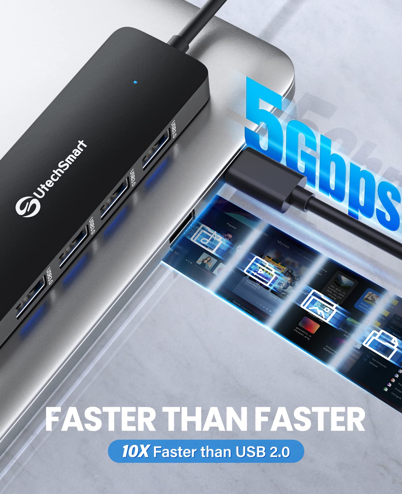 Utechsmart Usb Hub, 4 Port Usb 30 Hub, Ultra Slim Usb Adapter For Laptop, 5Gbps Fast Data Transfer, Usb 30 Splitter For Dell, Hp