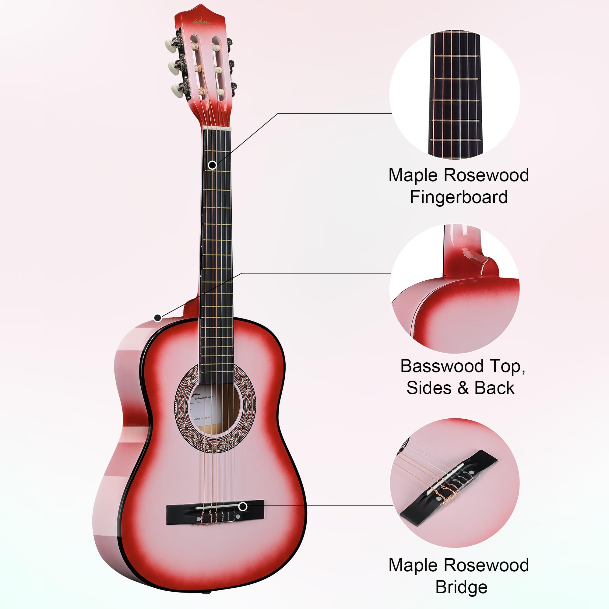 Adm Beginner Acoustic Classical Guitar 34 Inch Nylon Strings Wooden Guitar Bundle Kit For Kid Boy Girl Student Youth Guitarra On