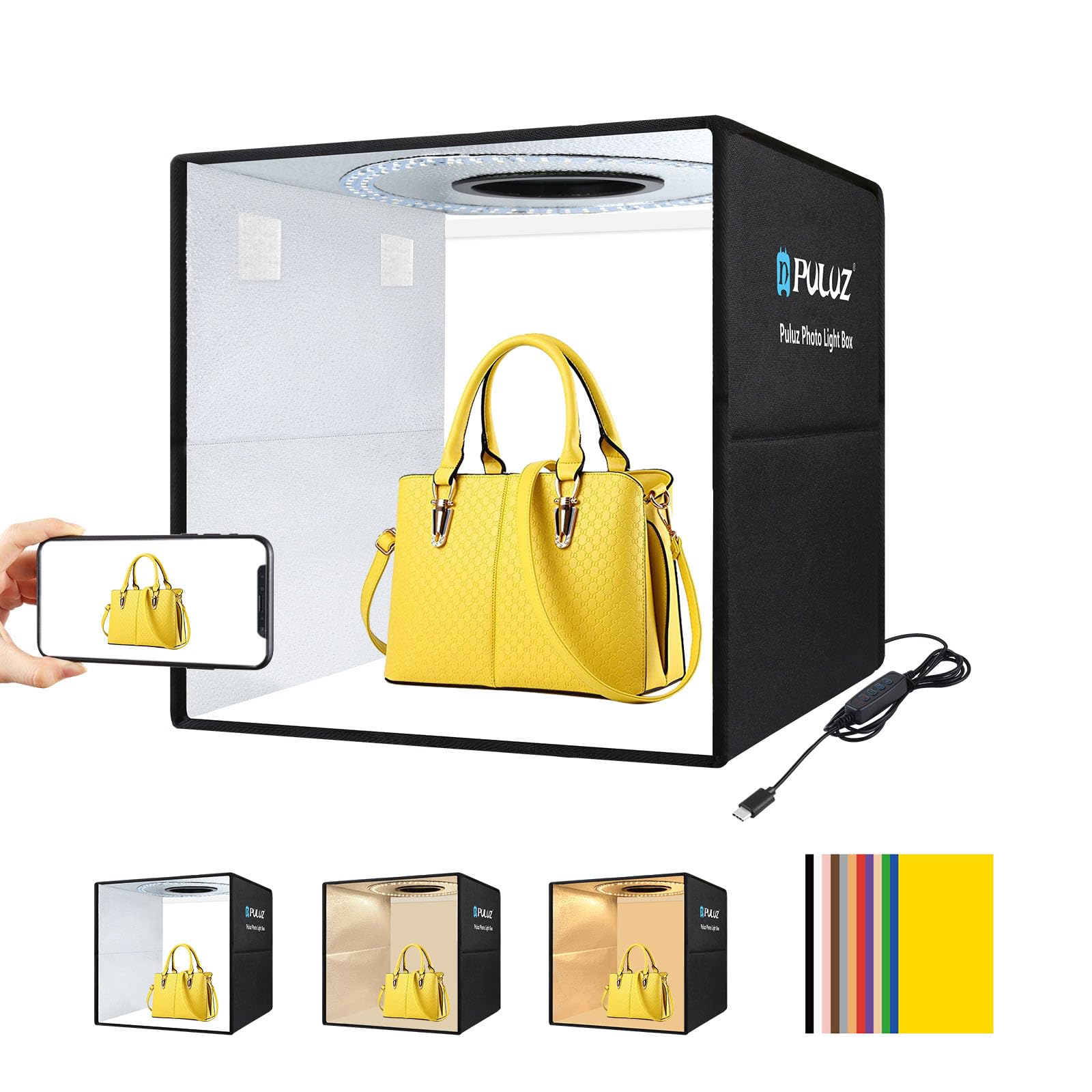 16''  16'' Professional Photo Studio Light Box,Puluz Portable Foldable Light Box Photography,Tri Color Dimmable Photo Box Kit Wi