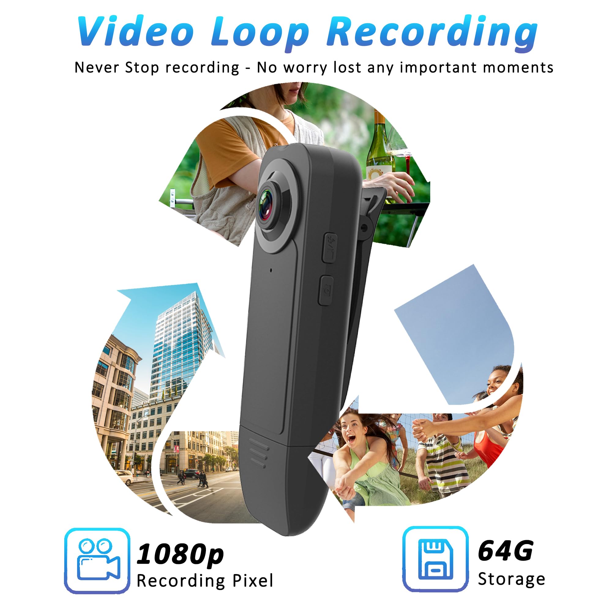Mini Body Camera With Audio & Video Recording - Small Pov Cam 1080P With 64G Card - Wearable Personal Portable Cameras Recorder