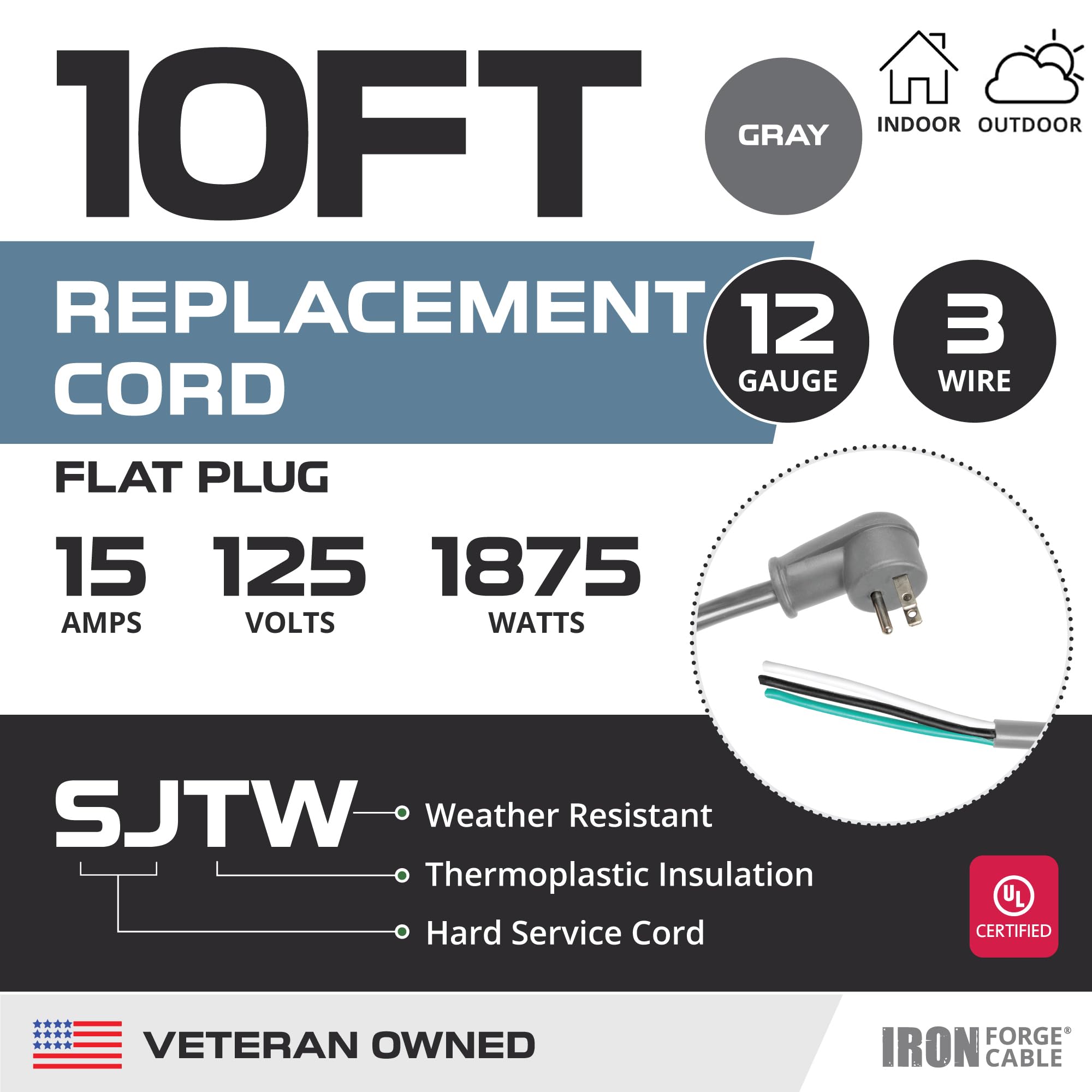 Iron Forge Cable Flat Plug Replacement Power Cable With Open End   12/3 10 Ft Gray Appliance Extension Cord 15 Amp, 12 Awg Power