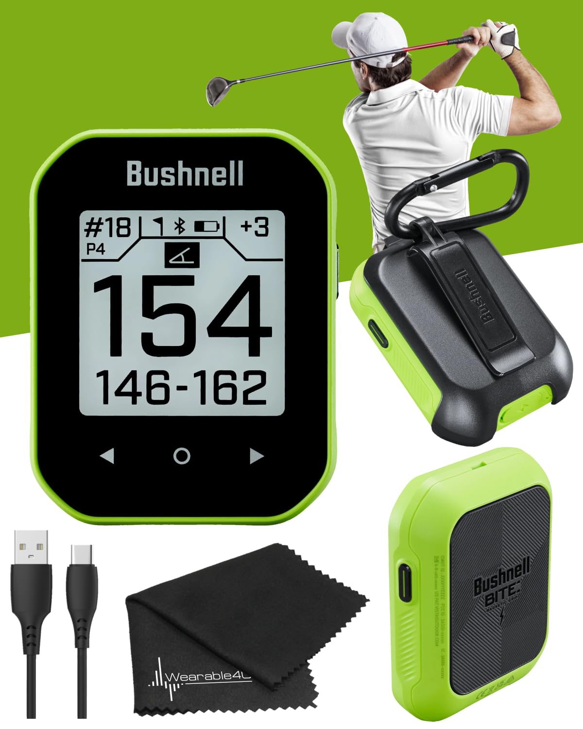 Wearable4U - Bushnell Phantom 3 GPS Rangefinder Green with BITE Magnetic Mount and GreenView with Lens Cleaning Cloth Bundle
