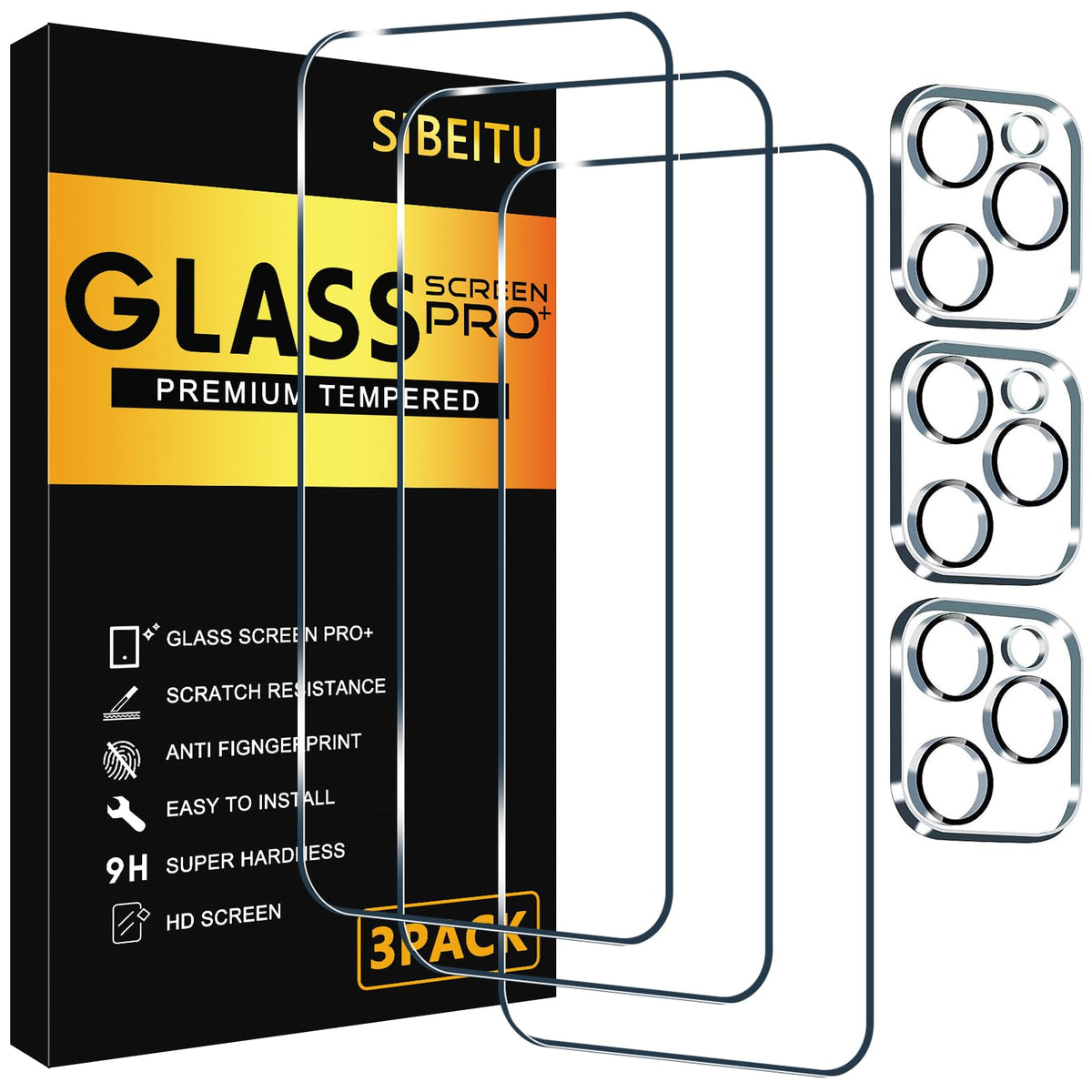 Sibeitu 3 Pack Screen Protector For Iphone 16 Pro With 3 Pack Camera Lens Protector, 6.3 Inch Hd Clear 9H Hardness Tempered Glas