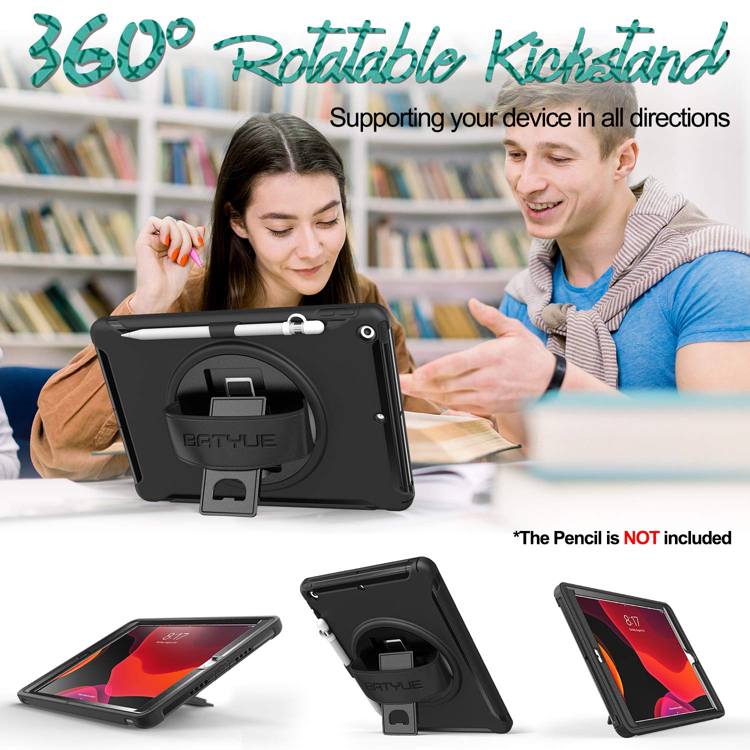 Batyue Ipad 9Th/ 8Th/ 7Th Generation Case (Ipad 10.2 Inch Case 2021/2020/2019) With Screen Protector, Rotating Stand/Hand Strap/